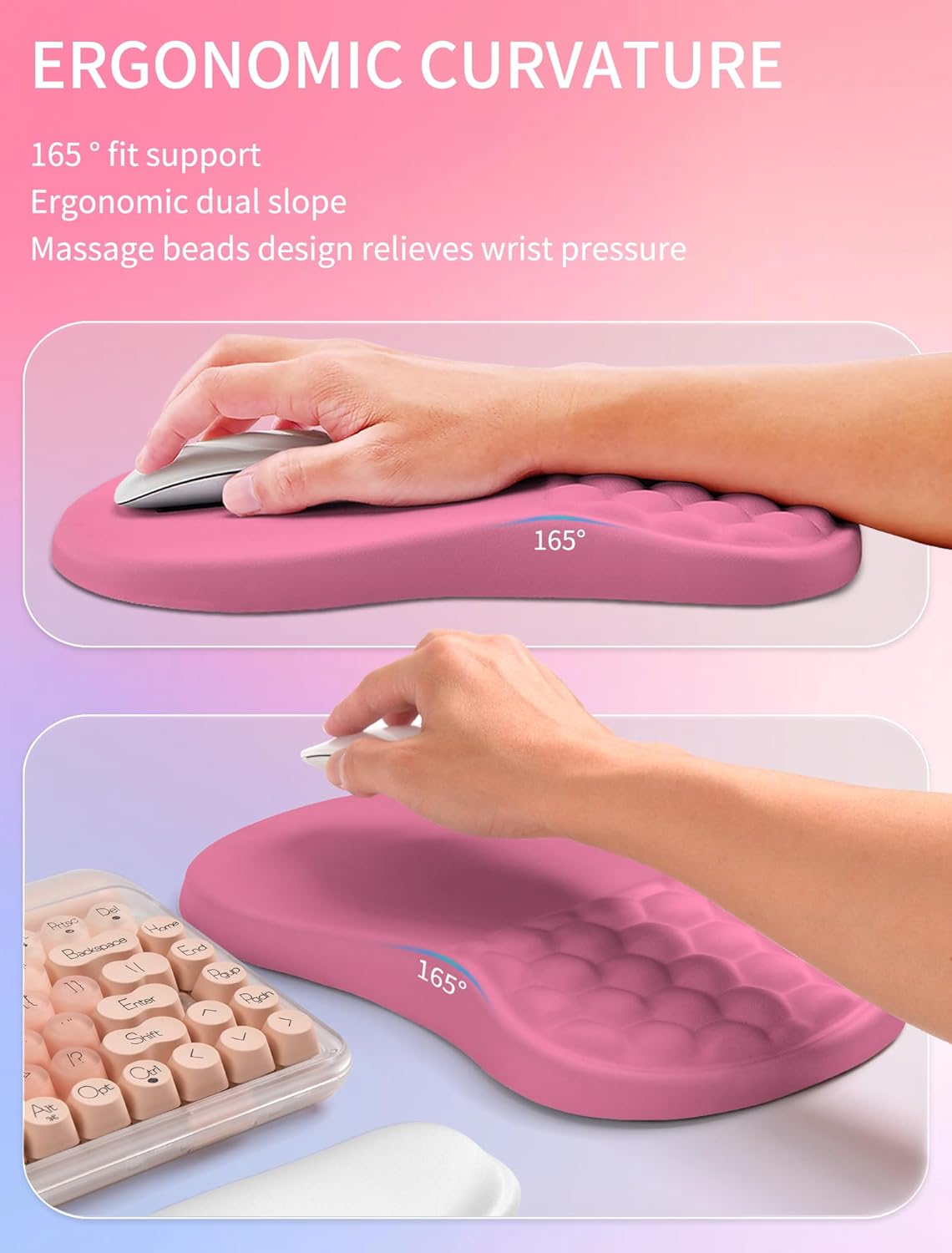Hokafenle 2in1 Combination, Wave Keyboard Wrist Rest and Ergonomic Curvature Mouse Pad Wrist Support for Relieve Wrist Pain, Filled with Soft Cushion Memory Foam, Tough Guy Pink
