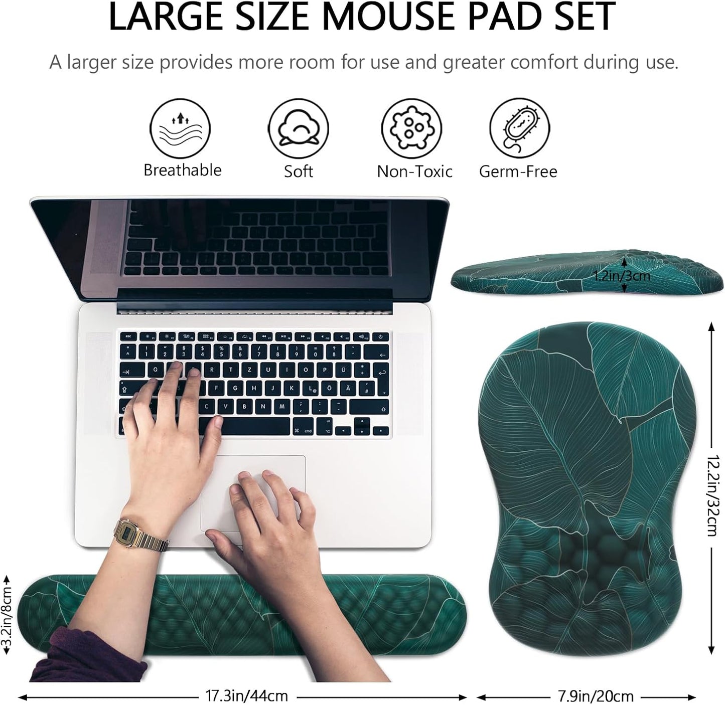 Mouse Pad Wrist Support, Laokiiy 2 in1 Keyboard Wrist Rest+ Ergonomic Mouse Pad, Non-Slip Wrist Rest for Computer Keyboard, Made Easy Typing & Relieve Wrist Pain（Banana Leaf Green）