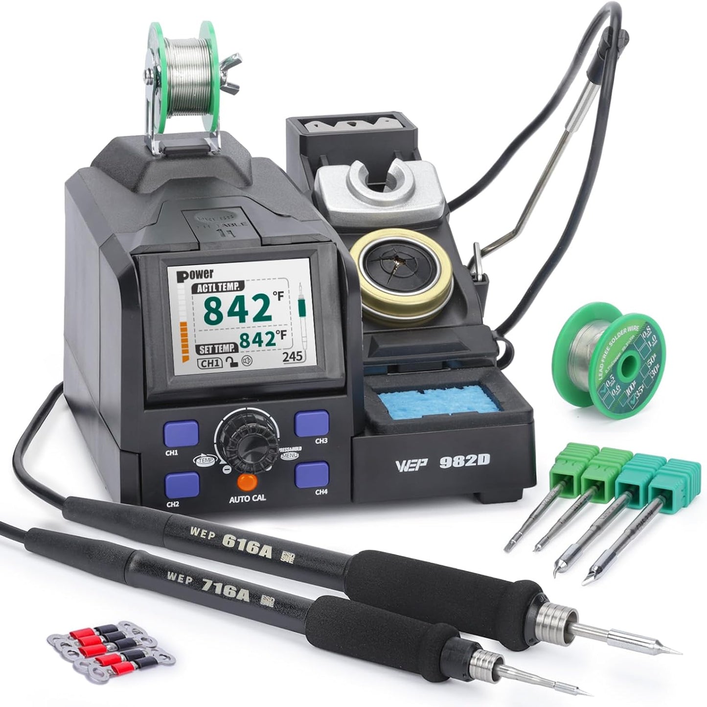 WEP 982D Precision Soldering Station with Automatic Calibration, Tiltable Screen, C245 C210 Compatible Soldering Iron Kit with 2 Spools Lead Free Solder Wire, 6 Soldering Cartridges
