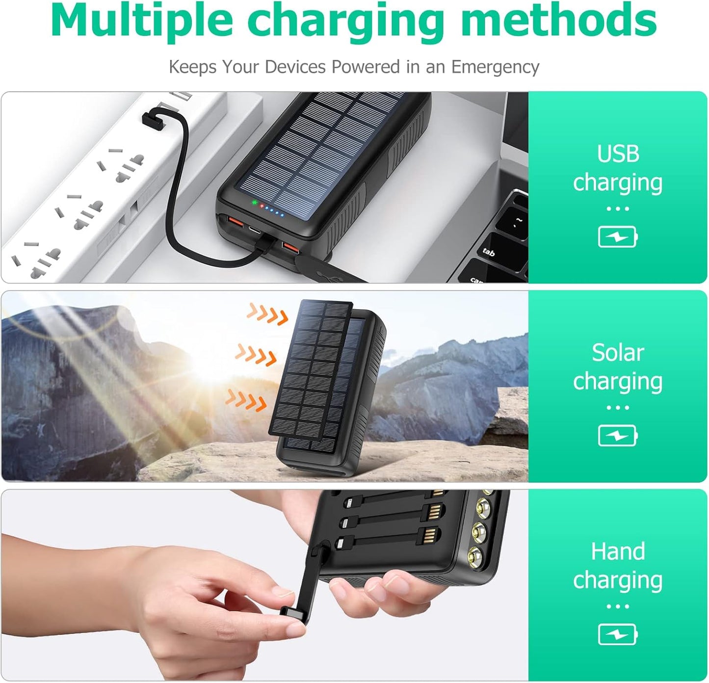 Solar Charger Power Bank 63200mAh, Portable Charger with Dual Outputs & Dual Inputs 4 LEDs Flashlight, Hand Crank Power Bank Fast Charging Battery Pack for Outdoor Camping Survival Gear (gray)