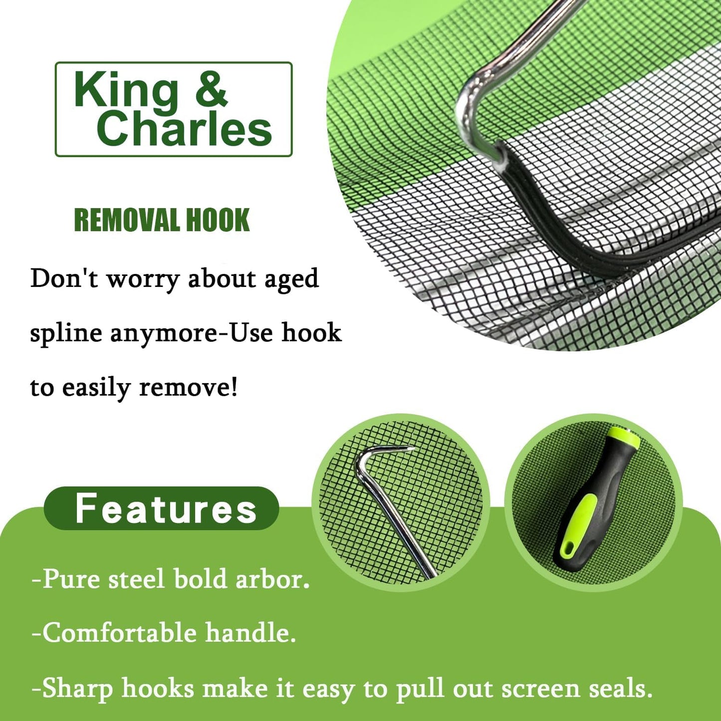 Screen Repair Kit/Tool, King&Charles Screen Roller Tool, Steel Roller with Bear, 32 ft Spline, Removal Hook, 3 in 1 Window Repair Kit, for Installing Door Window Mesh.