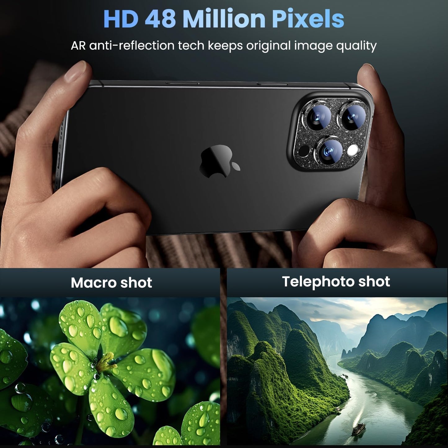 Uyiton Compatible with iPhone 16 Pro/iPhone 16 Pro Max Camera Lens Protector - [Not Easy to Break][Strong Adsorption][Case-Friendly] Metal Tempered Glass Rear Camera Screen Cover - Glitter Black