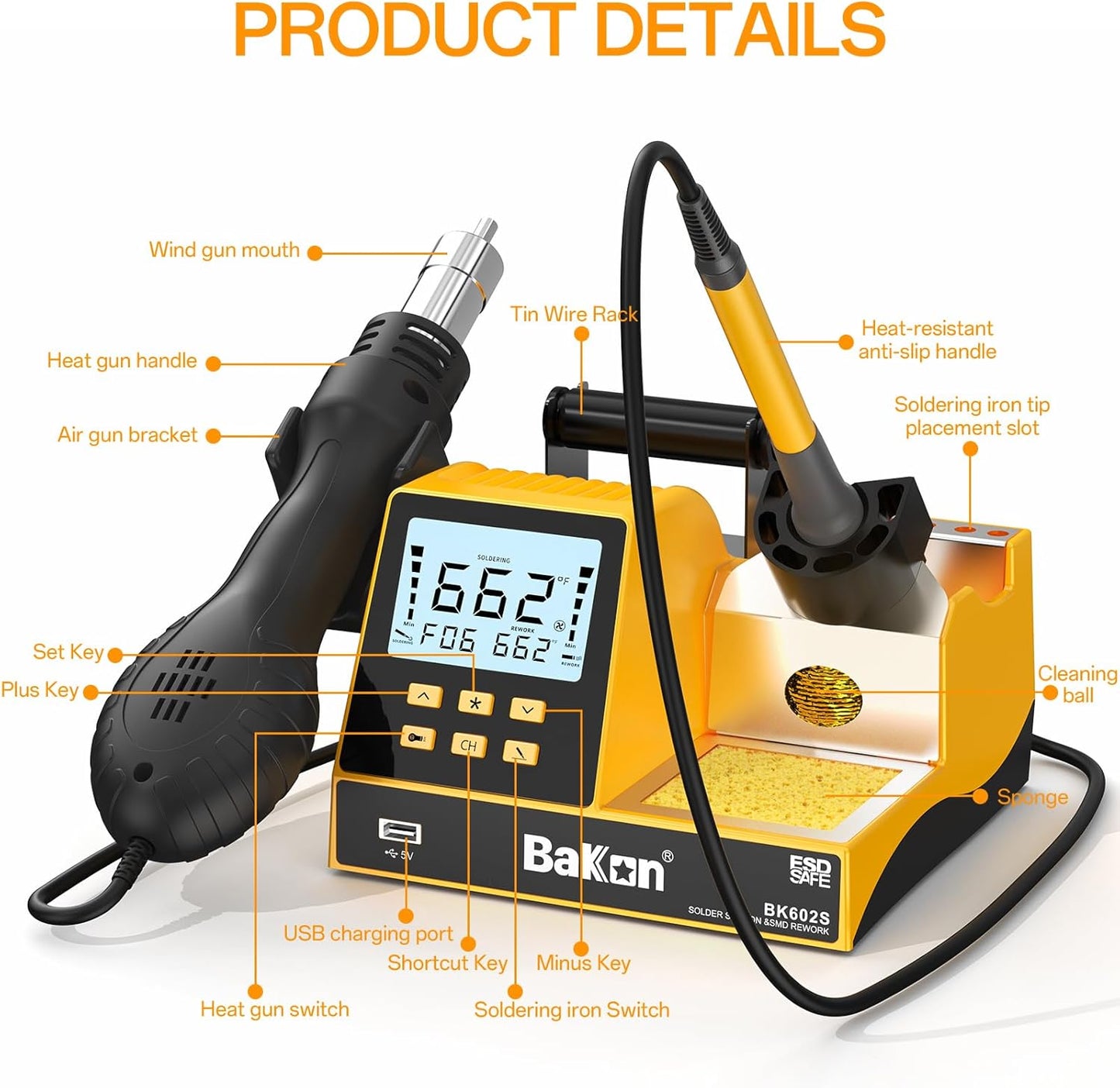 BK602S Soldering Iron & Desoldering Gun 2-In-1 Set, Hot Air Rework Station Diy Soldering Station, Soldering Practice Kit, Auto Sleep, ºC/ºF Conversion, Big Screen Display
