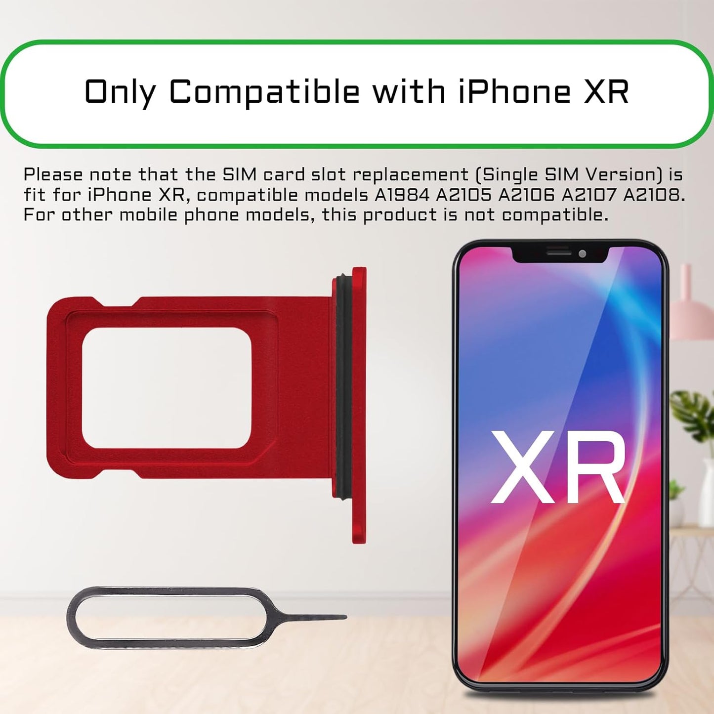 for iPhone XR Red SIM Card Slot Replacement Single SIM Version Card Tray Holder Adapter with Waterproof Rubber Ring Repair Tool Fix Kit Needle Ejector for A1984 A2105 A2106 A2107 A2108