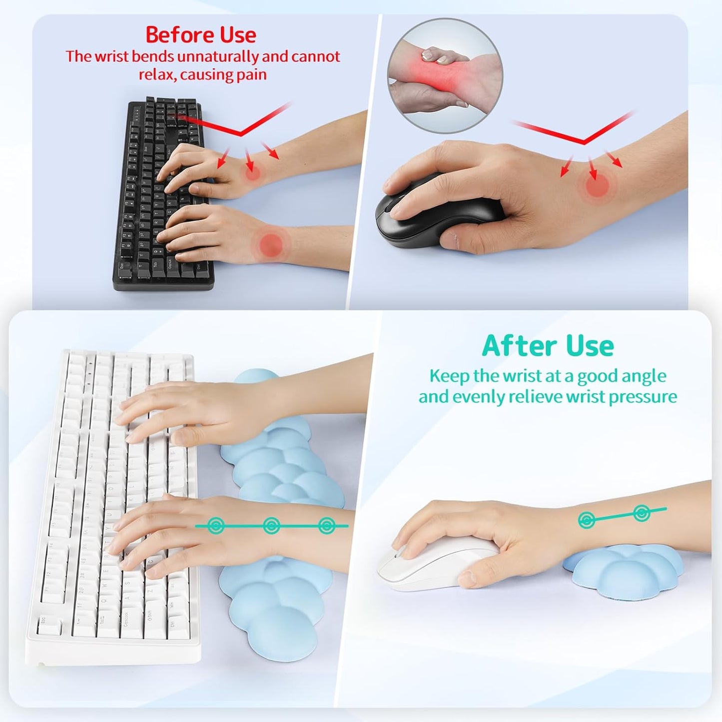 Cloud Wrist Rest for Keyboard and Mouse, Memory Foam PU Leather Keyboard Wrist Rest with Ergonomic Support, Non-Slip Base, Cute Arm Rest Pad & Palm Cushion, Office Desk Accessory, Blue