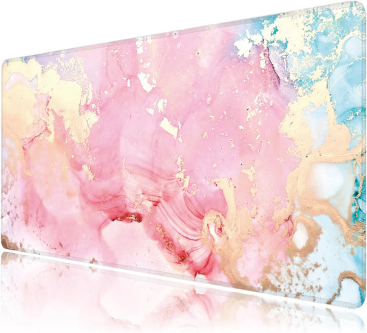 Cute Pink Marble Large Mouse Pad,Gaming Keyboard Desk Pad,Extended Mouse Mat Non-Slip Rubber Base with Stitched Edges for Office Game Home XXL 35.4"x15.7"