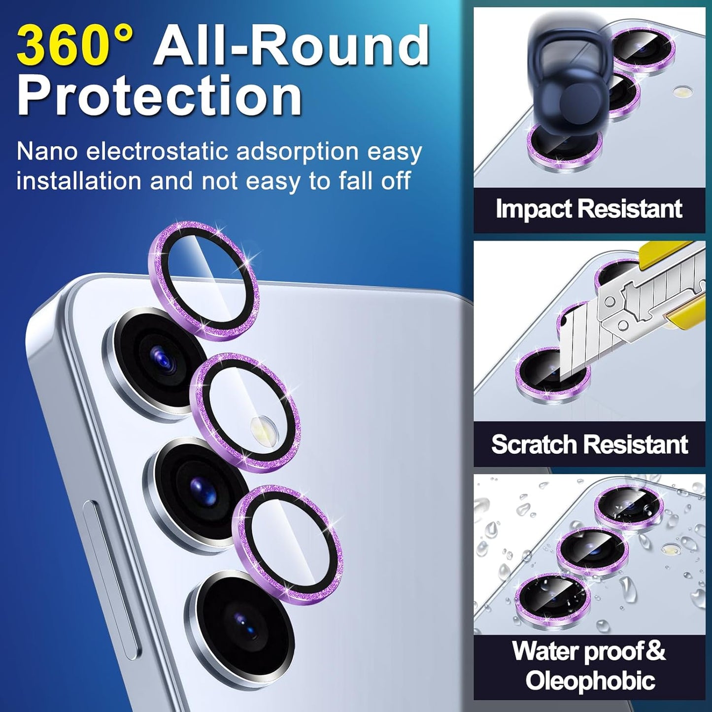 for Samsung Galaxy S25 Plus Camera Lens Protector, Individual Metal Ring Tempered Glass Lens Cover, [Strong Adsorption] Scratch Resistant Ultra-Thin HD Clear Lens Cover, 1 Set-Purple Sparkly