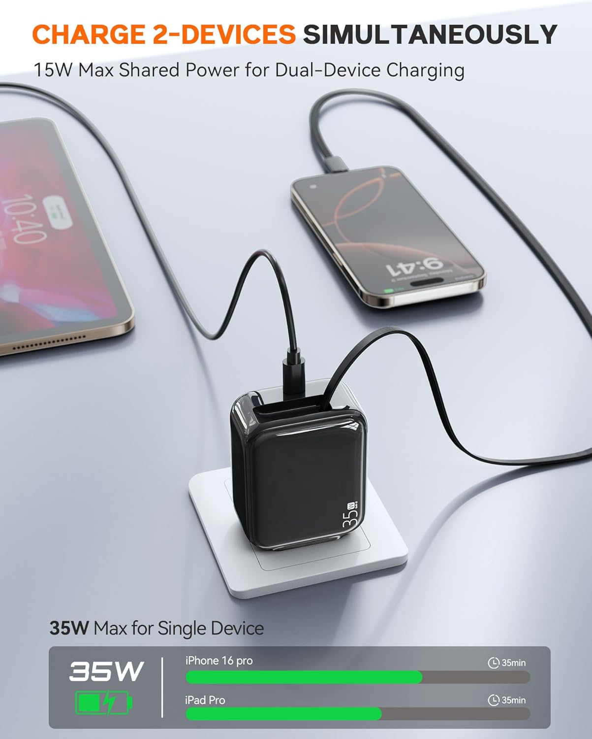 Retractable Wall Charger, 35W Fast USB C Charger Block with Extendable Type C Charing Cable for iPhone 16 15 Galaxy S25 24, Portable Retractable Charging Plug for Home Kitchen Office Travel