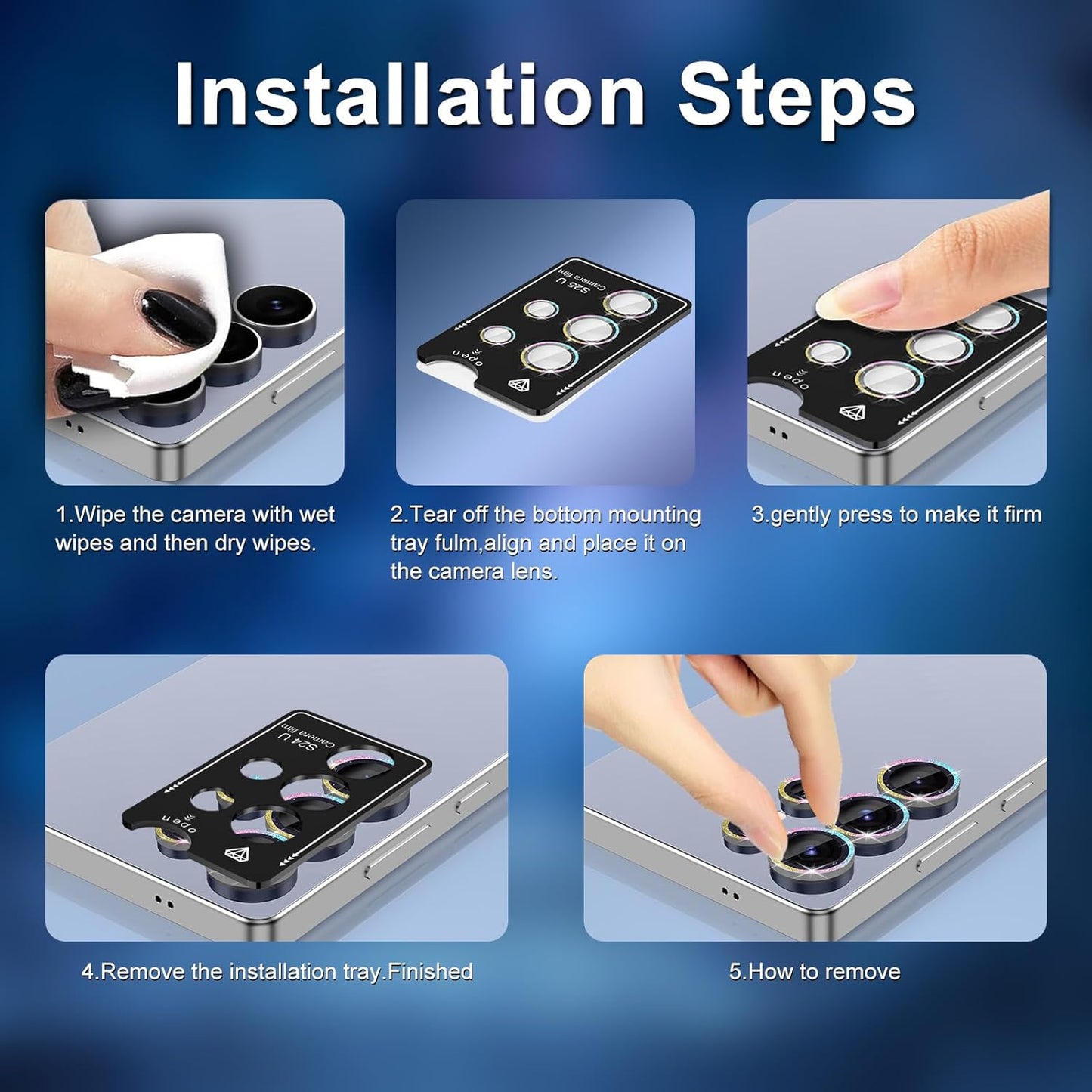 for Samsung Galaxy S25 Ultra Camera Lens Protector, Individual Metal Ring Tempered Glass Lens Cover, [Strong Adsorption] Scratch Resistant Ultra-Thin HD Clear Lens Cover, 1 Set-Black Sparkly