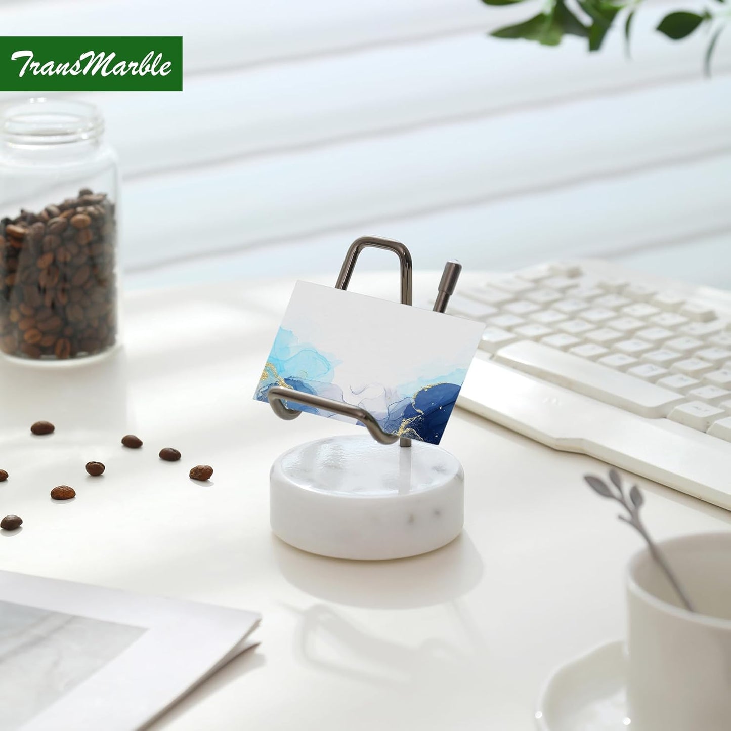 Marble Phone Stand with Metal Holder, Charging Available While Using, Swipe Up to Unlock, Made of Natural Marble as Business Card Holder for Office Desk (Starry White + Black)