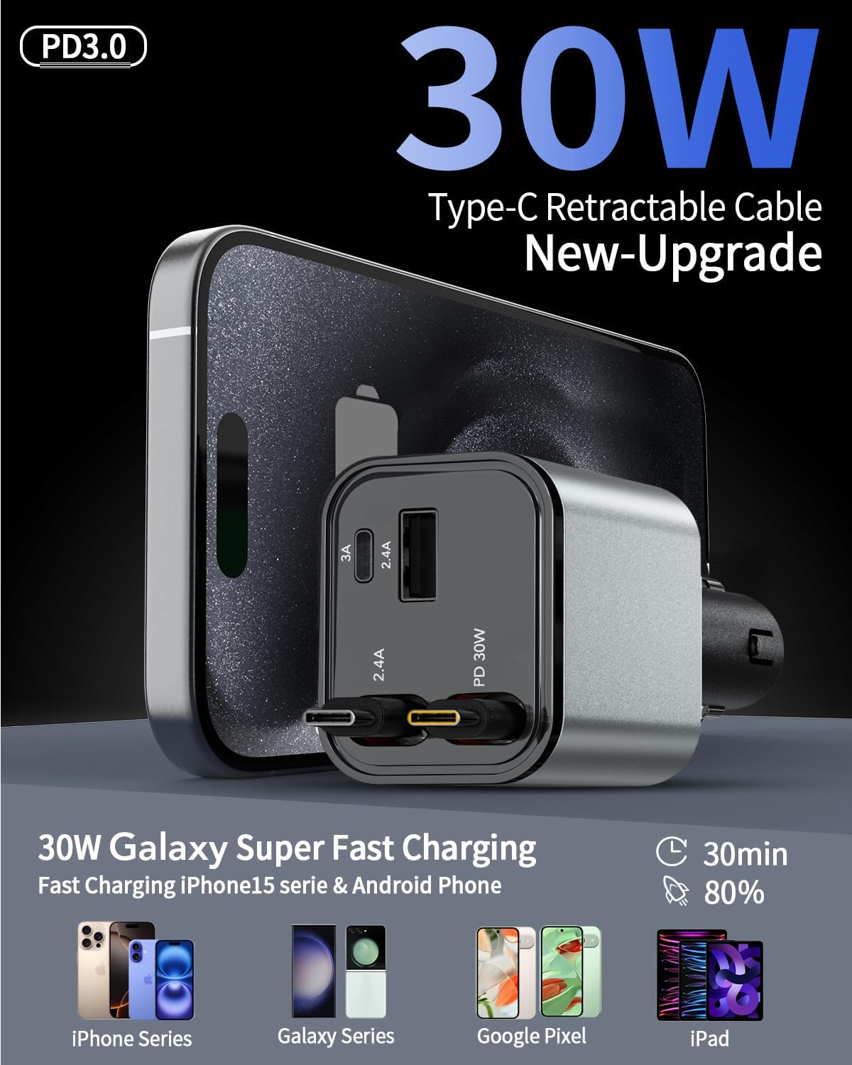 Retractable Car Charger, 4 in 1 Fast Car Phone Charger 66W, 2 Retractable Cables and 2 USB Port, Compatible with iPhone 16/15/14/13/12/11,Galaxy,Pixel