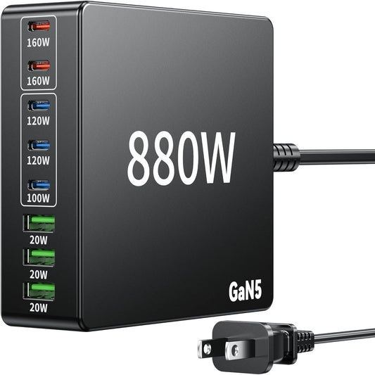880W USB C Charger Block Charging Station 8 Port Fast GaN Chager 140W 160W PD PPS HUB for Laptop MacBook Charger Compatible with MacBook Pro/Air/All iPad iPhone 17/16/15/14/13/Pro Max/Galaxy Note
