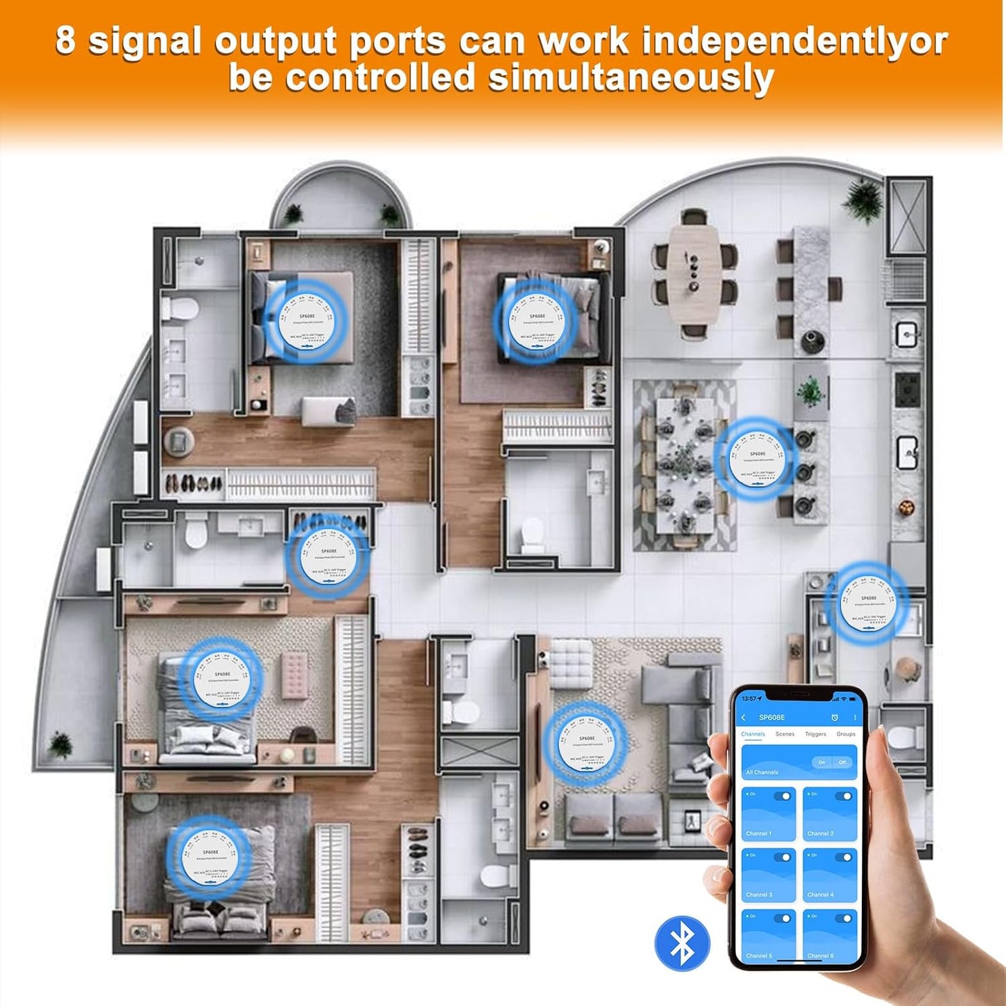 PAUTIX SP608E Built-in Mic/AUX Music Bluetooth SPI Controller with 8 Signal Outputs for LED Module Pixel Strip String Light Andriod iOS APP/Remote/Trigger Control,Work with RGB Smart IC COB LED Strips