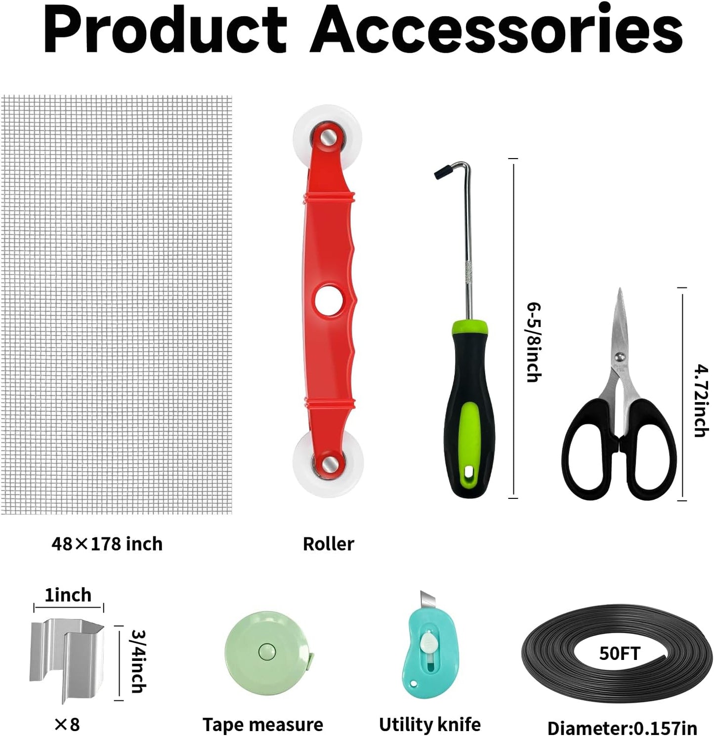 Window Screen Door Repair/Replacement Kit,48" x178" Adjustable Durable Fiberglass Window Screen Mesh,with Spline/Roller/Hook/Clips Screen Door Repair Kit,DIY Window,Porch Sliding Door(Grey)