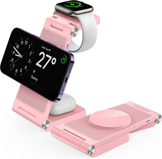 Magnetic Wireless Charger Stand, 3 in 1 Foldable Wireless Charging Station, Travel Charger for Multiple Devices for iPhone 16 15 14 13 12 Series, Apple Watch Ultra/SE/9/8/7/6/5/4/3/2, AirPods