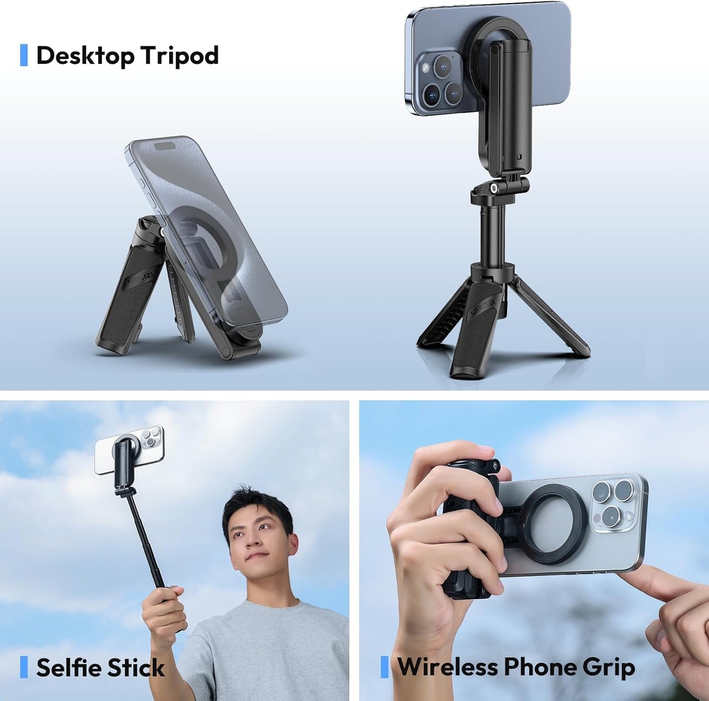 ULANZI JJ03 Magnetic Tripod for Phone with Remote Control, 3-in-1 Selfie Stick Handle Grip 360° Rotation Extendable Stand for iPhone Android Phones