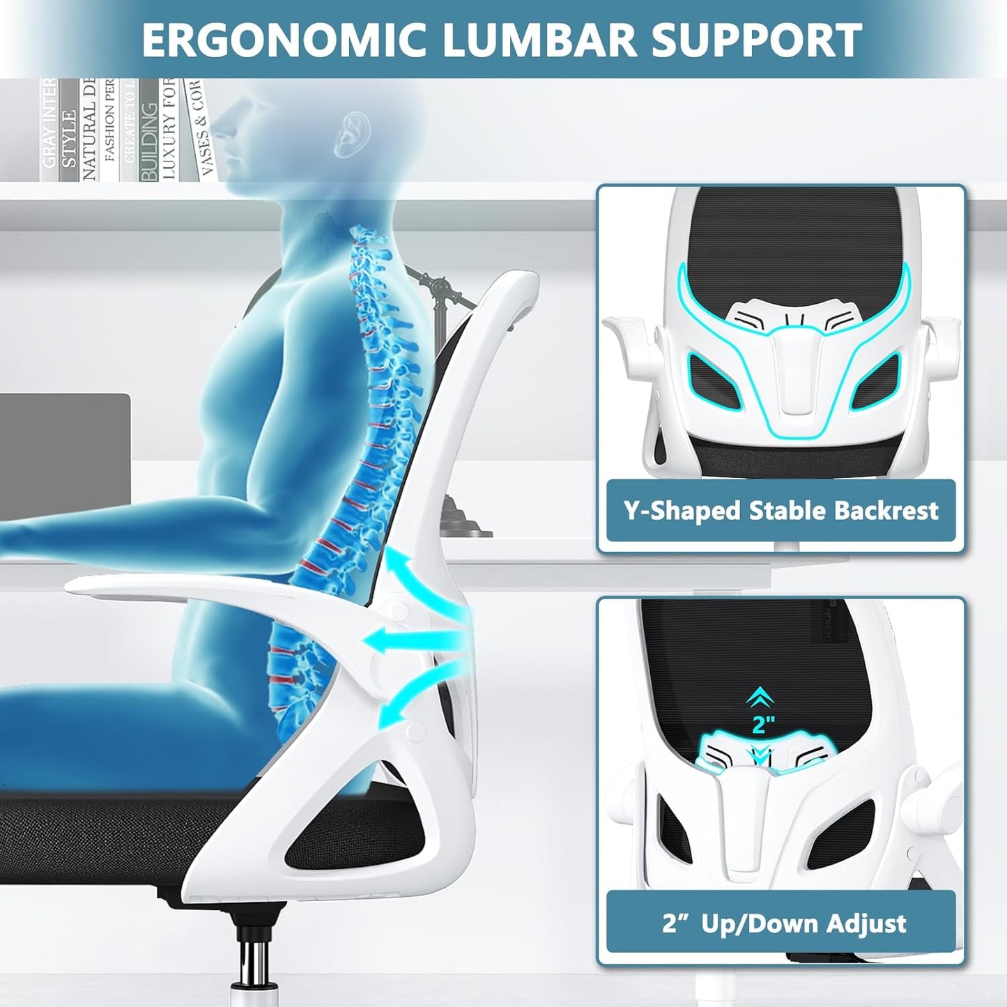 Tall Drafting Chair with Footrest Ring for Home and Work, Ergonomic Home Desk Office Chair with Flip up Arms and Lumbar Support, Extended Height Executive Desk Office Chair(White)