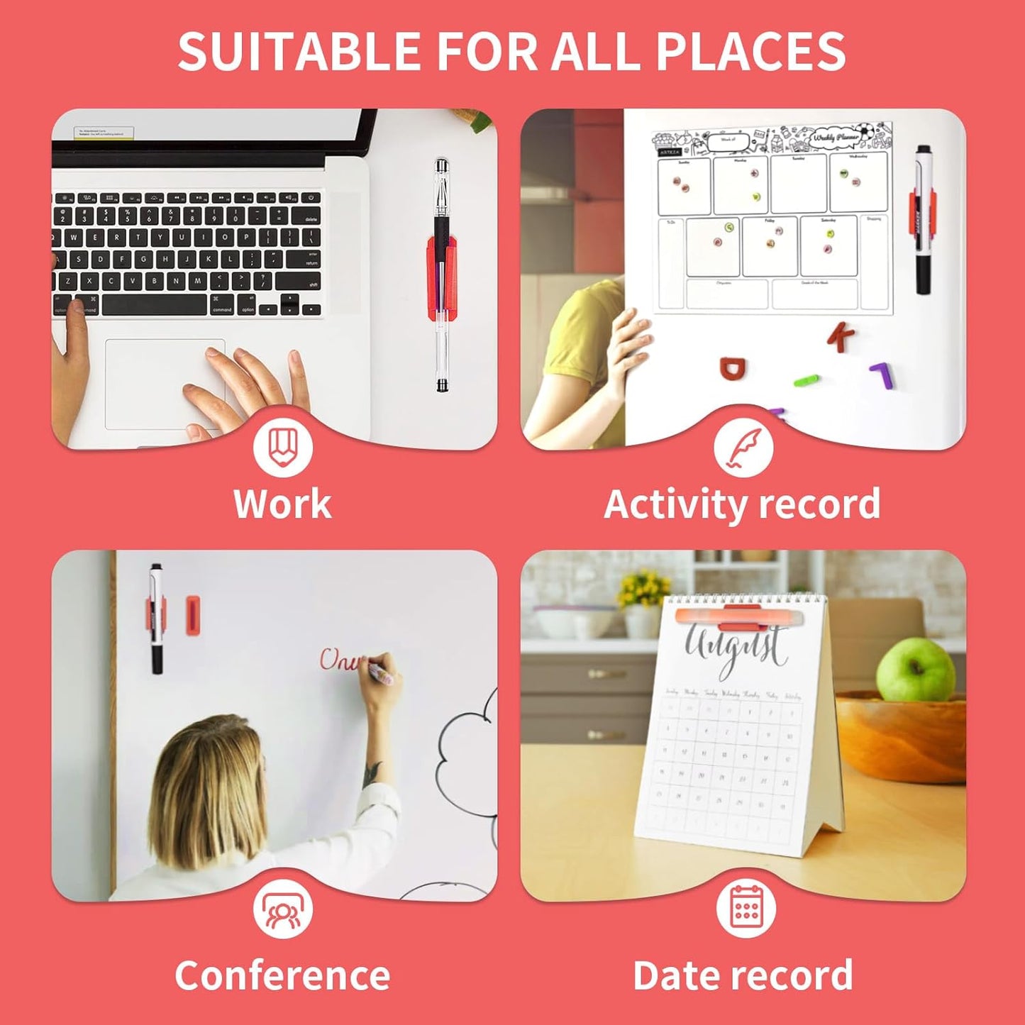 12 Pack Pen Holder for Desk, Silicone Pencil Holder with 12 Extra Adhesive Stickers, Adhesive Pen Holder & Marker Clip for Classroom Office Desk or Any Surface, Teacher Accessories Supplies (Red)