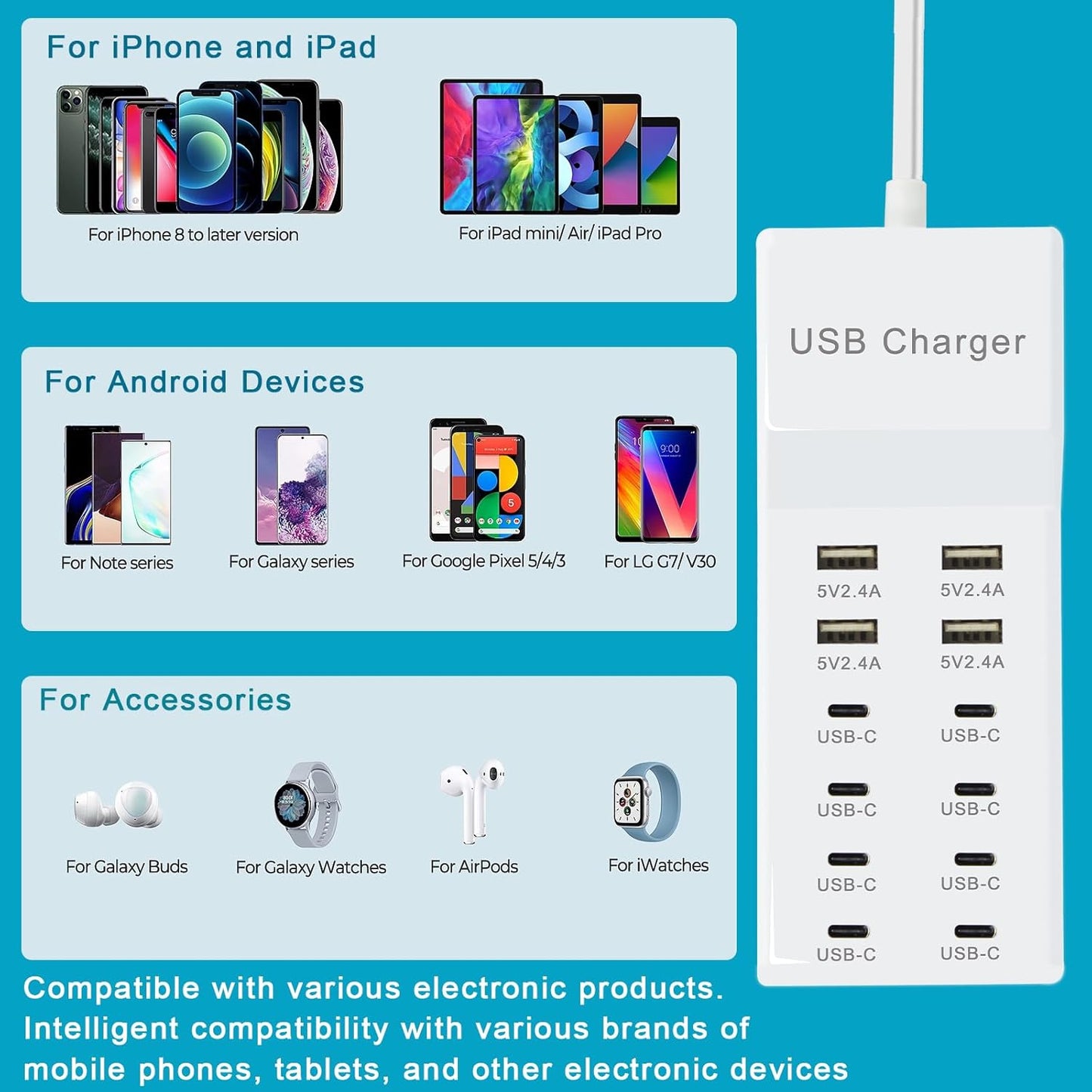 USB Charger, 12-Port USB Charging Station (4 USB-A Ports and 8 USB-C Ports) Multiple USB Charger Station Compatible with iPhone 15/14/13/13pro max 12/12/12 Mini/12Pro/12Pro, Tablet PC, Smartphone