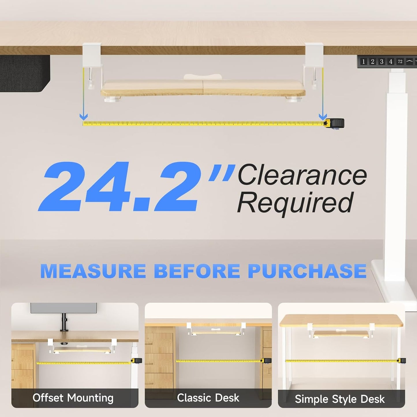 suptek Small Keyboard Tray Under Desk Pull Out with C Clamp Mount for Computer Keyboard, 20 (24.2 Including Clamps) x 11.8 inch Slide-Out Platform Computer Drawer for Typing, Light Wood, DSF1SQM