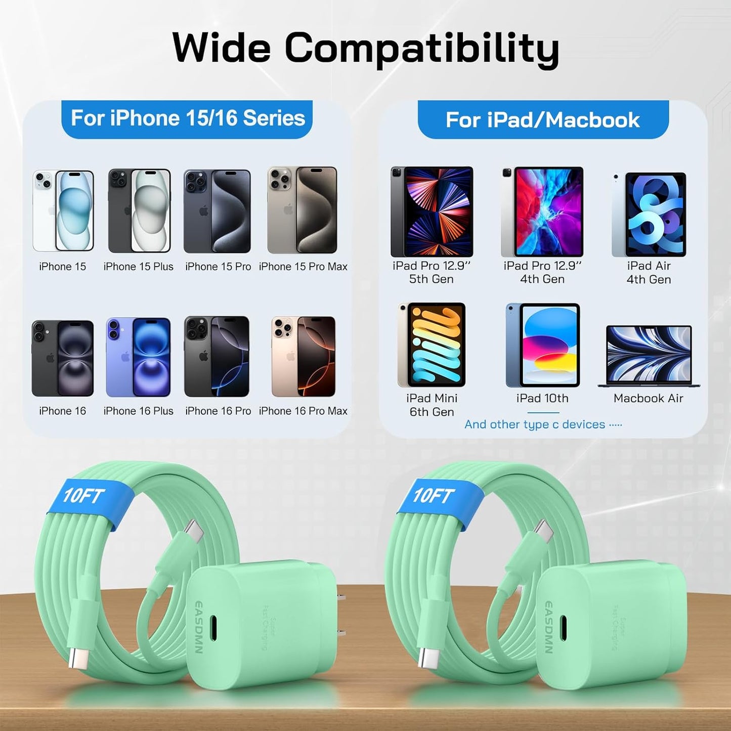 30W USB C i Phone 16 15 Charger Fast Charging, 2PACK Wall Charger for iPhone 16 15 Pro Max Charger Cord 10FT Fast Type C Charger Block for iPhone 16/16 Pro/15 Plus/15 Pro/15 Pro Max, iPad Pro, Green