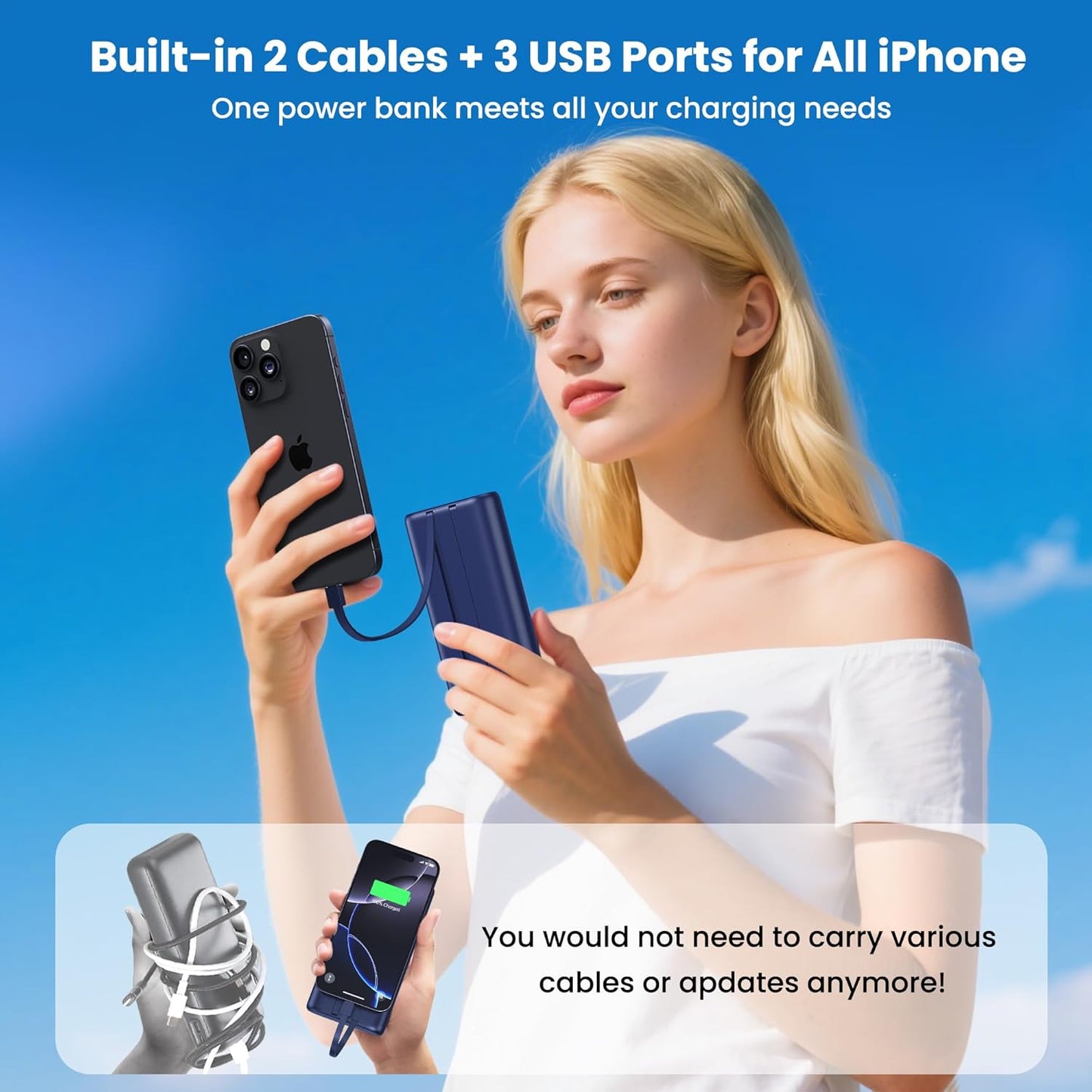 Portable Charger 40,800mAh Power Bank with Built-in Cables,5 USB Output Battery Pack Backup,25W PD USB-C in&out Phone Charging Compatible with iPhone 16/15 Pro,Android Samsung Galaxy Pixel Nexus-Blue