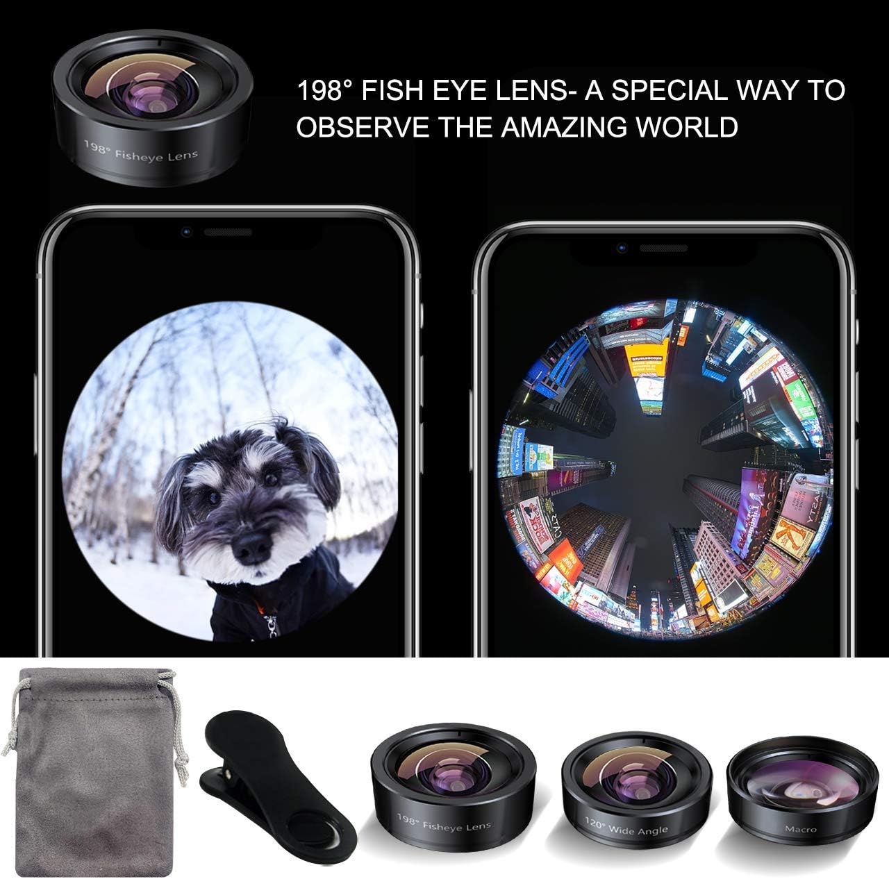 KEYWING Phone Camera Lens 3 in 1 Phone Lens Kit, 198 Fisheye Lens + 120 Super Wide-Angle Lens + 20x Macro Lens for iPhone Samsung Android Smartphone Black 3in1