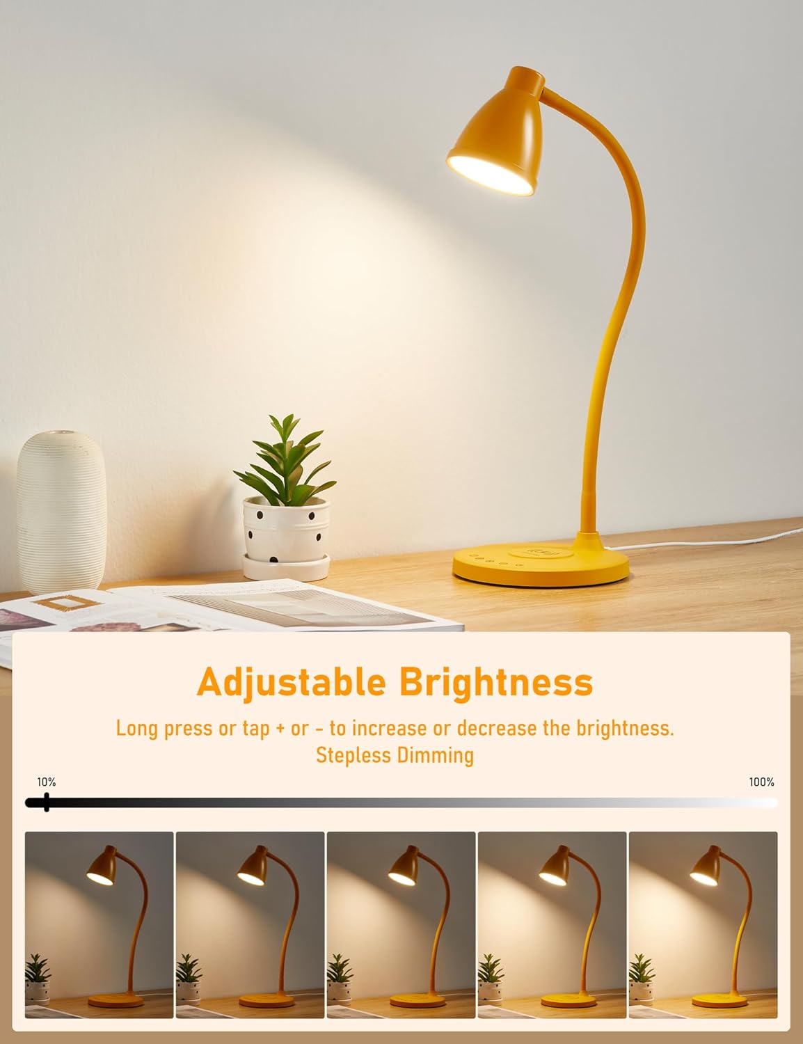 BOHON LED Desk Lamp with USB C+A Charging Ports Wireless Charger, 5 Colors Stepless Dimming Touch Reading Light, Flexible Gooseneck Lamp for Home Office Bedside Table College Dorm Room, Bright Yellow