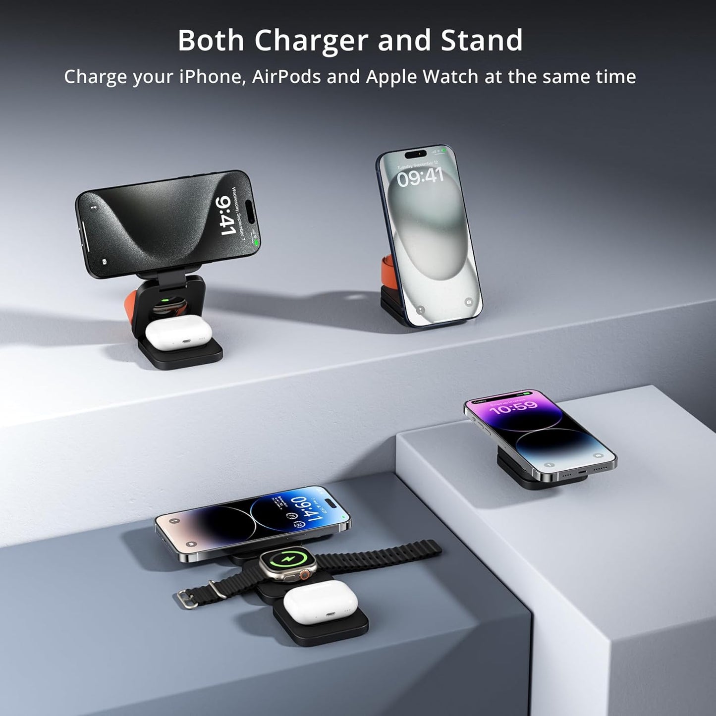 3-in-1 Wireless Charger Stand, LULULOOK 15W Magnetic Charger Wireless Fast Charging Station for iPhone 16/15/14 Series, Aluminum 5W Charger for Apple Watch, AirPods, USB-C Charging Cable Included