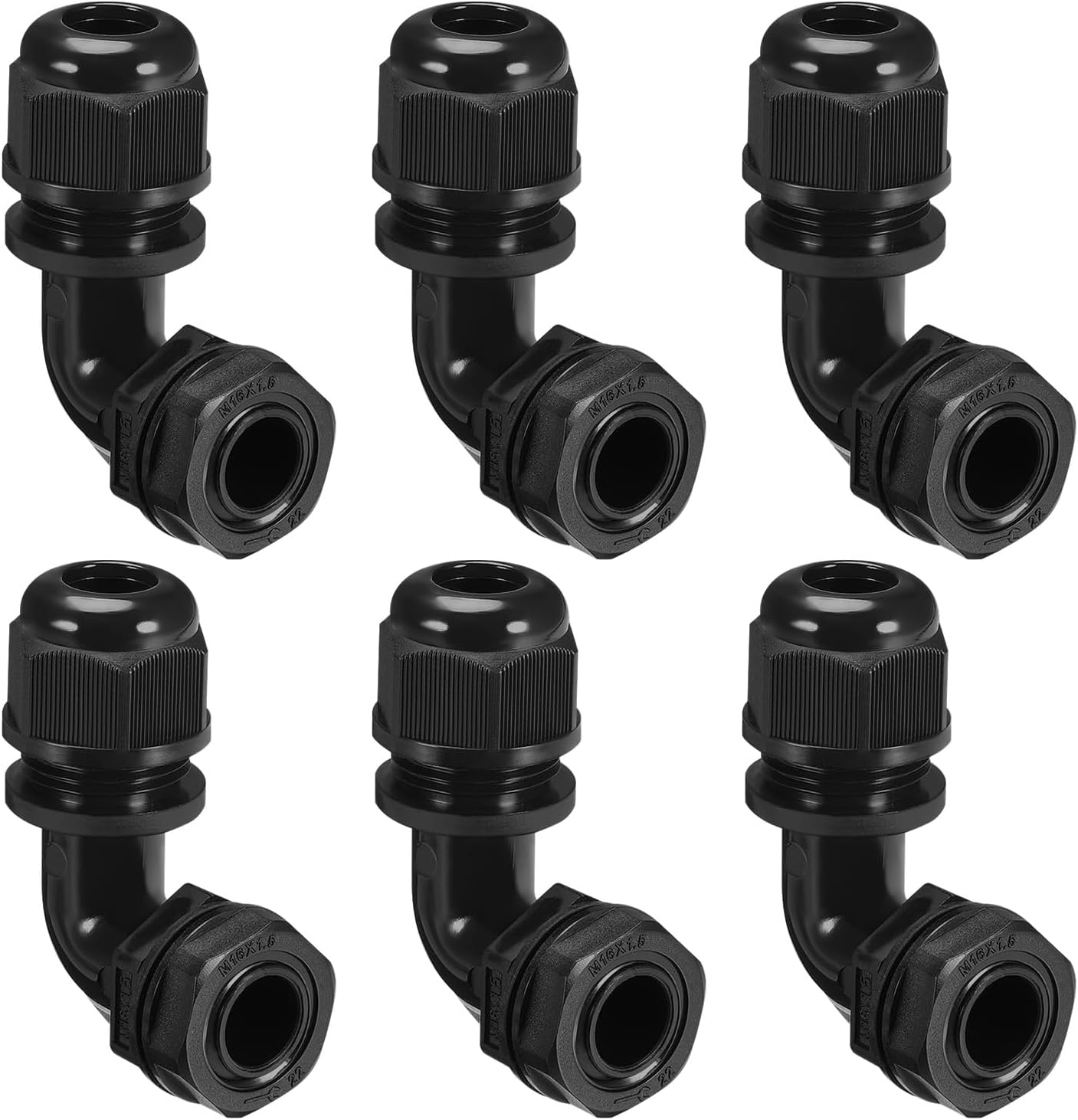 LeMotech M16 Cable Gland, 90 Degree Adjustable 6-10mm Strain Relief, Cord Connectors Nylon Joints with Gaskets, 6 Pcs, Black