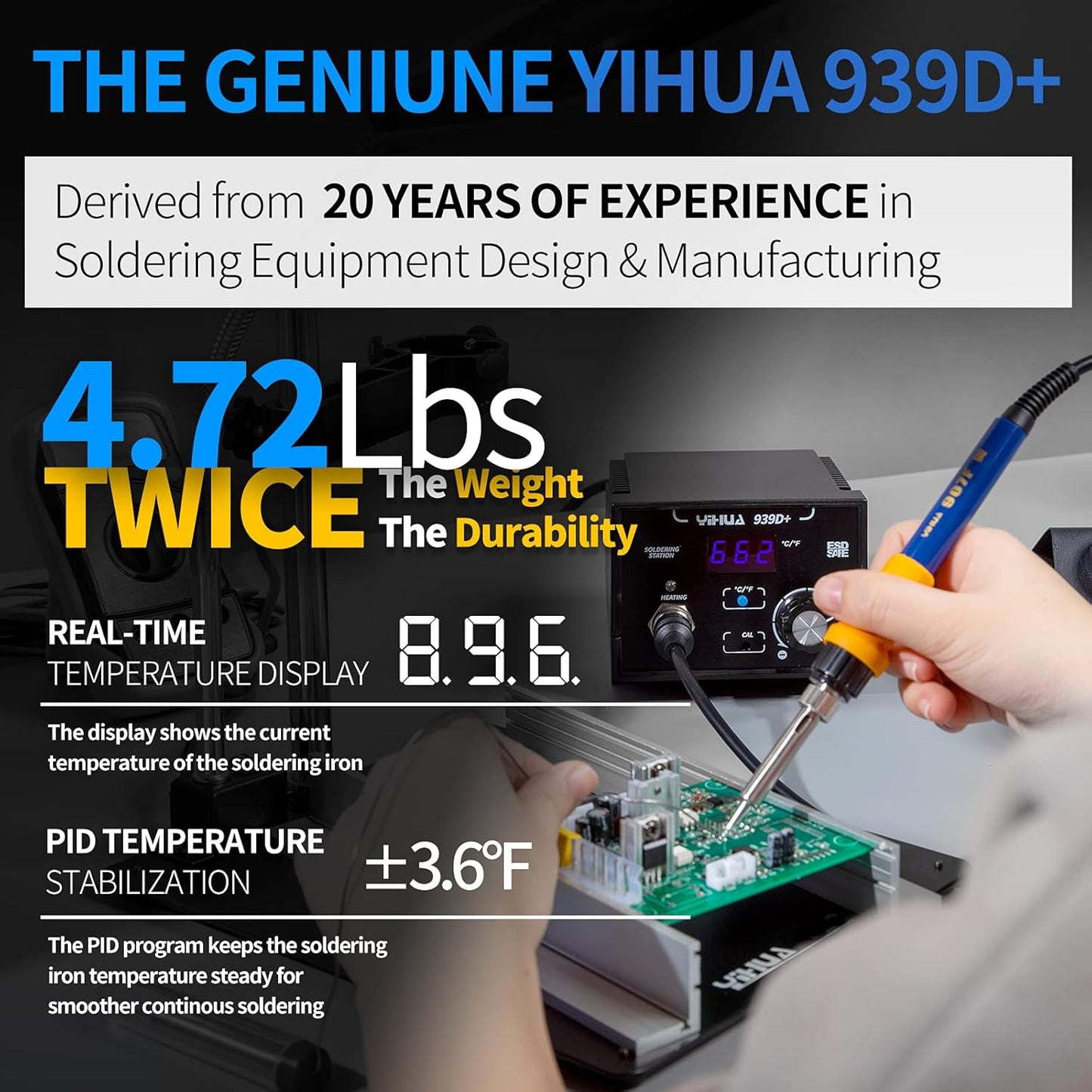 YIHUA 939D+ Digital Soldering Station, 75 Watt Equivalent with Temperature Control, °C/°F Display. ESD safe for Electronics. Aluminum Panel (Resists Burn). Solder Tips, Lead-free Solder & Extras