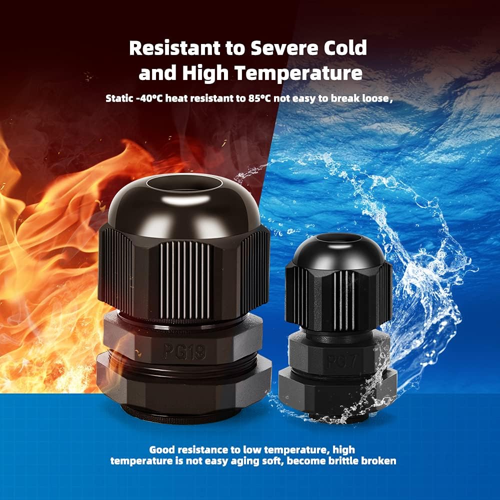 Nylon Cable Gland Kit, CGELE 50 Pack Plastic Waterproof Adjustable Connector 3-16mm Strain Relief Cord Connectors Joints Nylon with Gaskets PG7 PG9 PG11 PG13.5 PG16 PG19