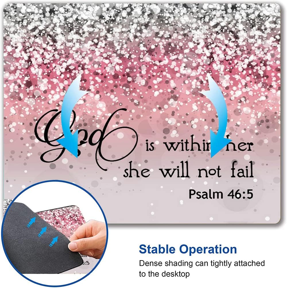 Hokafenle Mouse Pad, Psalm 46:5 God is Within Her, She Will not Fall - Bible Verse Pink Glitter Pattern Mouse Pad for Women, Square Waterproof Non-Slip Rubber Base Mousepad for Office Laptop