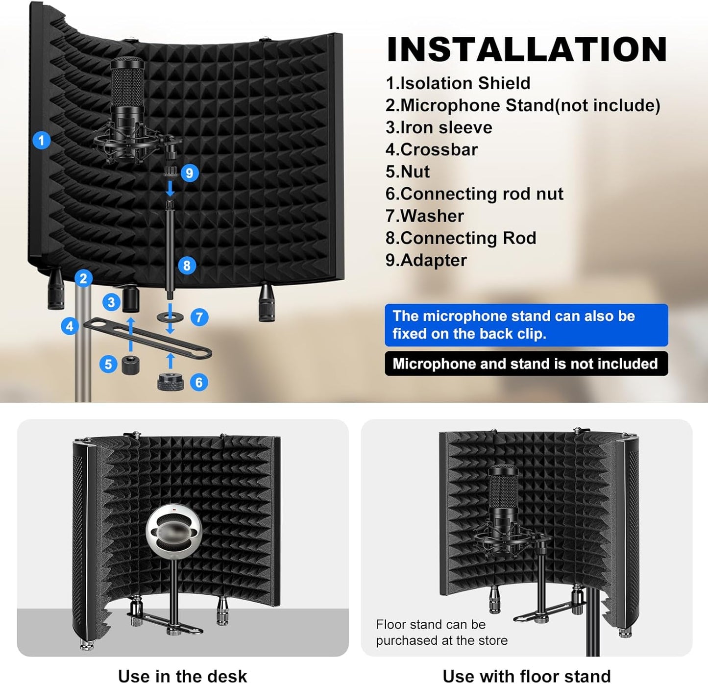 Aokeo Studio Recording Microphone Isolation Shield, Pop Filter.High density absorbent foam is used to filter vocal. Suitable for blue yeti and any condenser microphone recording equipment