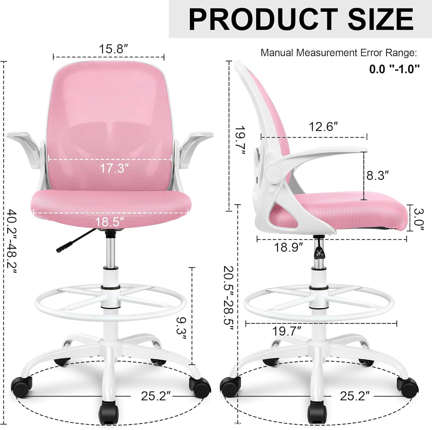 Primy Drafting Chair Tall Office Chair with Flip-up Armrests Executive Ergonomic Computer Standing Desk Chair with Lumbar Support and Adjustable Footrest Ring (Pink)