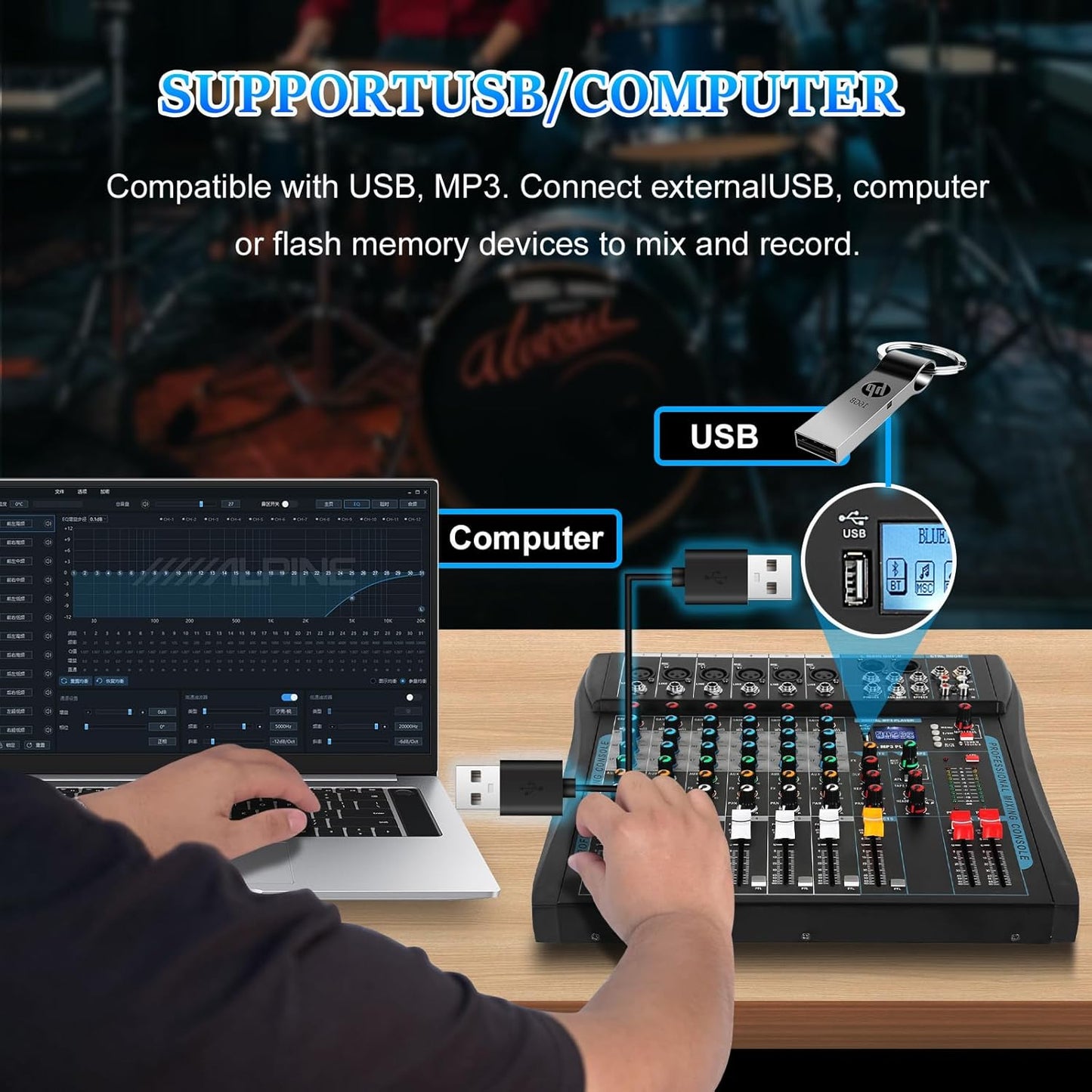Audio Mixer,6 Channel Board Mixer for Streaming, Professional Sounds Board Mixer with 16 DSP Effect, USB Audio Interface and 48V Phantom Power, Stereo DJ Mixers for PC Recording/DJ stage