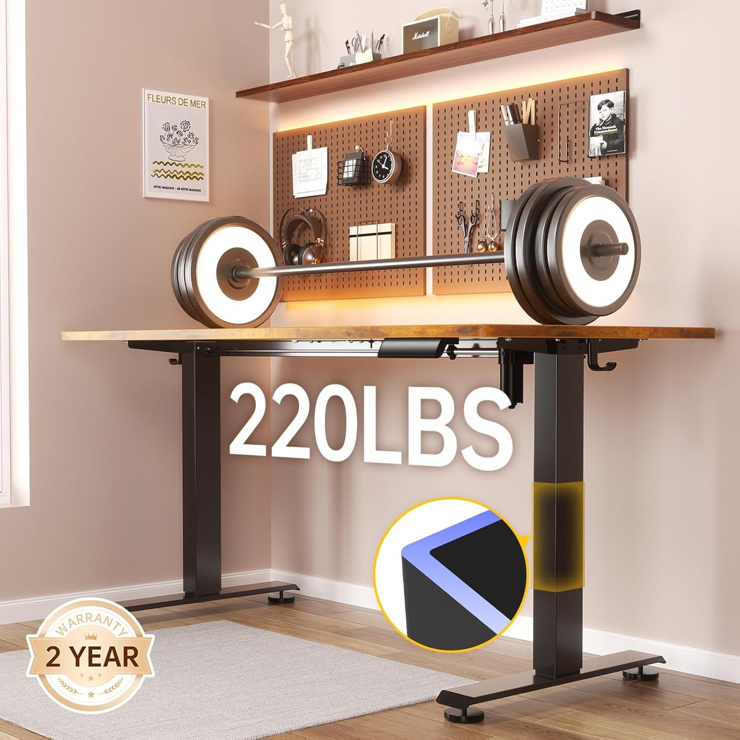 Veken 55 Inch Large Electric Standing Desk, Heights Adjustable, Sit to Stand Up, Work Home Office Computer Table for Study, Walking Pad, Writing, and Games, Wooden Desktop Desks, Brown