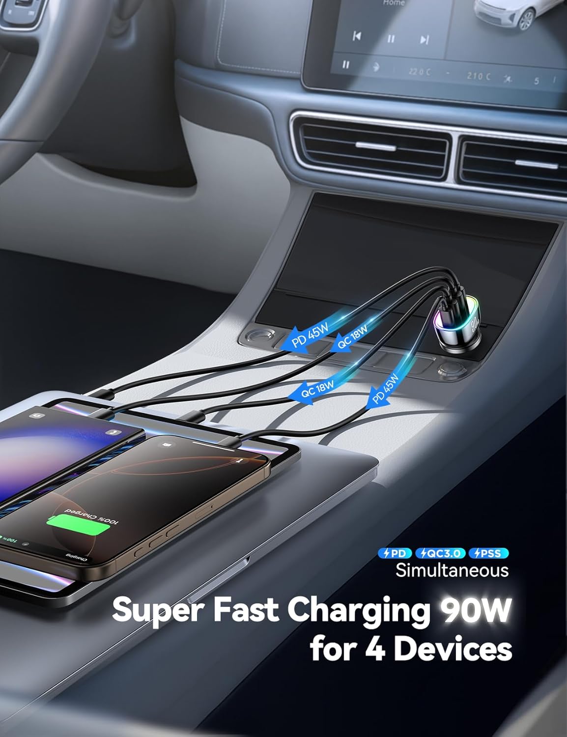 JOYROOM Car Charger USB C, 90W 4 Port Car Charger Adapter for iPhone 16 Fast Charging, Road Trip Essentials Fast Cigarette Lighter Adapter, Truck Car Accessories for iPhone15/14 Pro, Samsung S25/S24