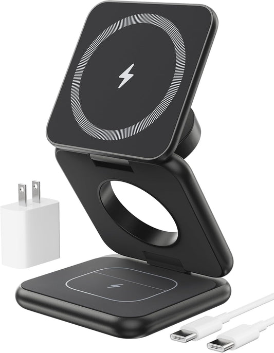 Foldable Magnetic Wireless Charger, KU XIU X40 Aluminum Alloy 3 in 1 Charging Station for Apple, Fast Charging Travel Charger for iPhone 16 15 14 13 12 Series, 5W for Apple Watch Ultra, AirPods, Black