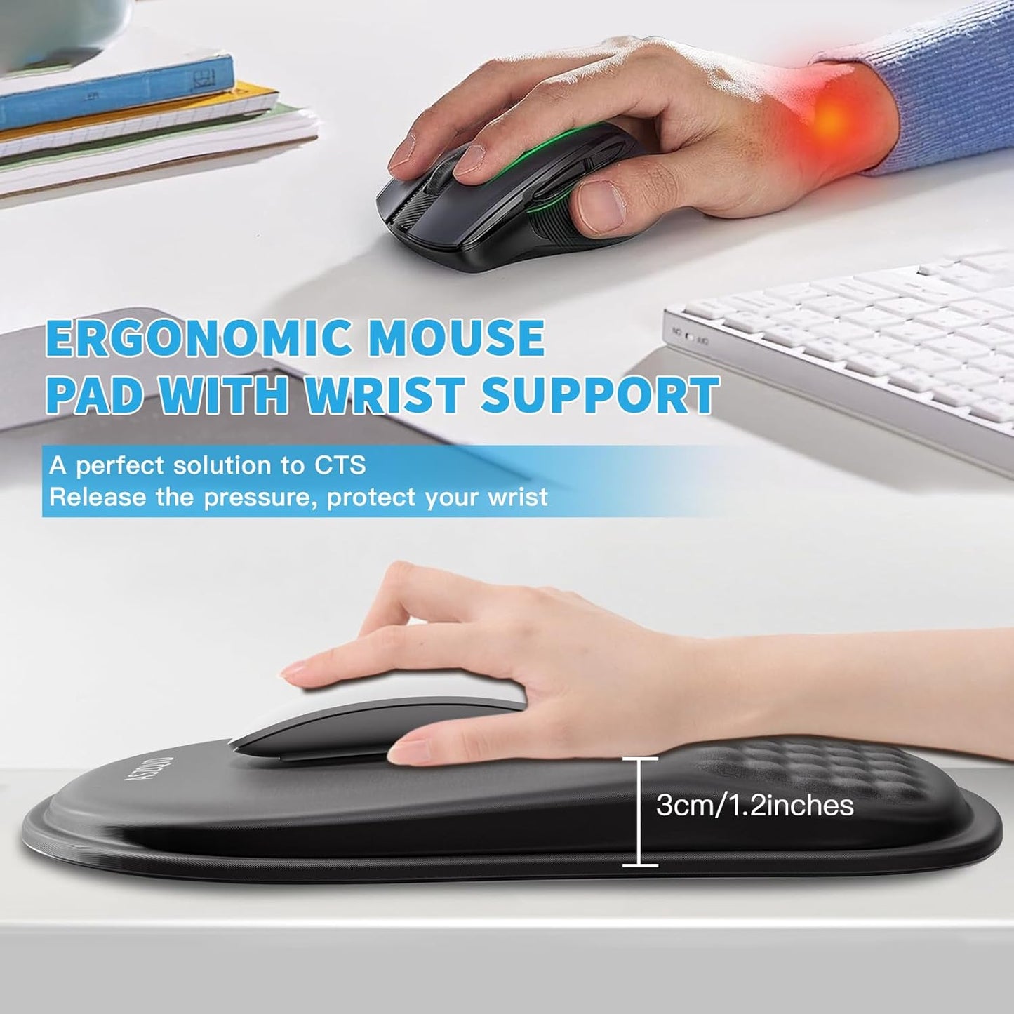 Mouse Pad with Wrist Rest, Ergonomic Mousepads with Wrist Support, Soft Lycra Fabric Memory Foam Office Desk Accessories for Comfort/Pain Relief/PC Gaming/Computer/Laptop (Black)