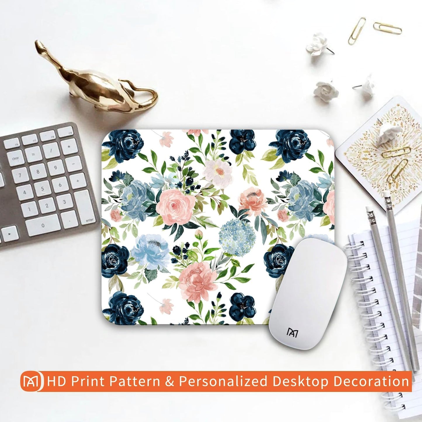 Square Mouse Pad Pretty Flowers, Personalized Premium-Textured Custom Mouse Mat Design, Washable Mousepad Cloth, Non-Slip Rubber Base Computer Mouse Pads for Wireless Mouse