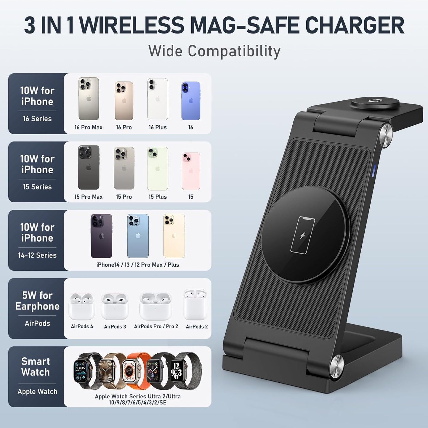 Magnetic Wireless Charger Stand, 3 in 1 Foldable Wireless Charging Station, Travel Charger for Multiple Devices for iPhone 16 15 14 13 12 Series, Apple Watch Ultra/9/8/7/6/5/4/3/2, AirPods