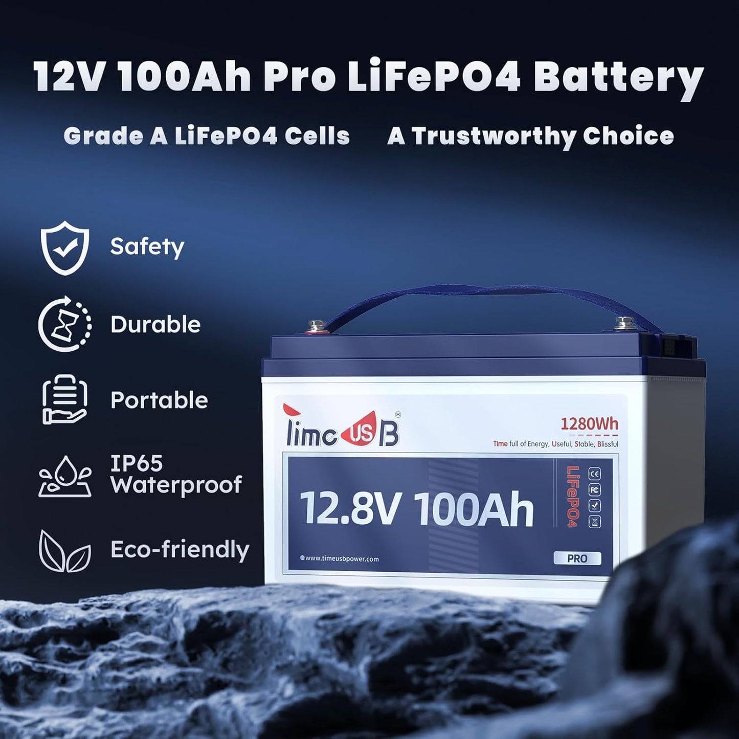 12V 100Ah Pro LiFePO4 Battery, 12 volt Lithium Battery with 100A BMS, Grade A Battery Cells, Up to 10 Years Lifespan, Perfect for RV, Trolling Motor, Off-grid Applications, Group 31