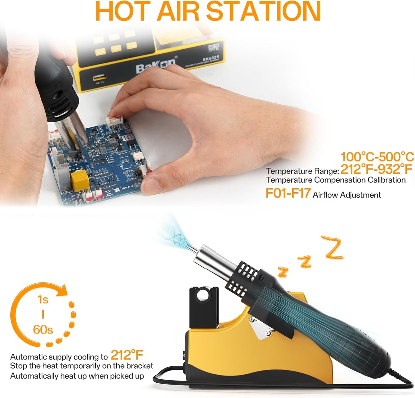 BK602S Soldering Iron & Desoldering Gun 2-In-1 Set, Hot Air Rework Station Diy Soldering Station, Soldering Practice Kit, Auto Sleep, ºC/ºF Conversion, Big Screen Display
