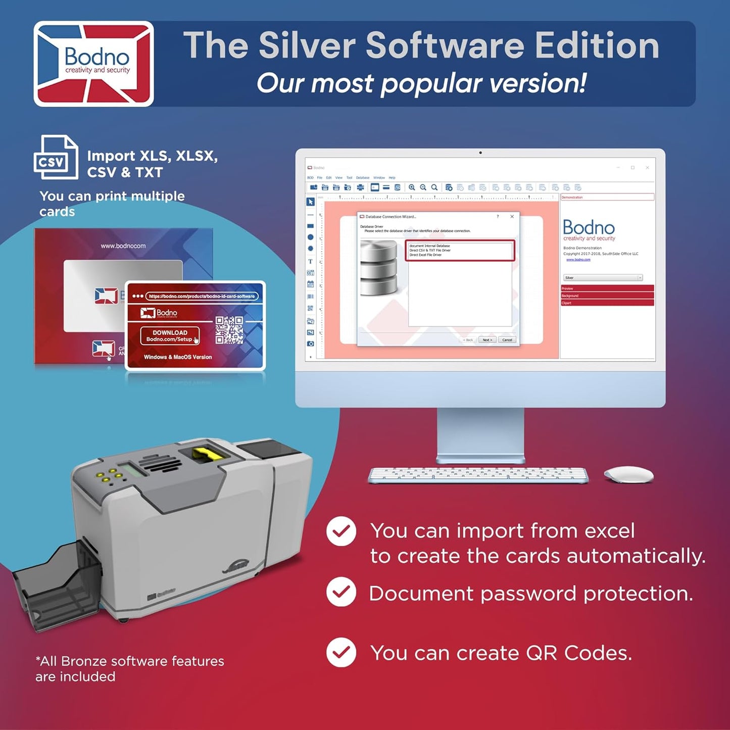 Bodno Seaory S28 Dual Sided ID Card Printer & Complete Supplies Package ID Software and Camera - Silver Edition