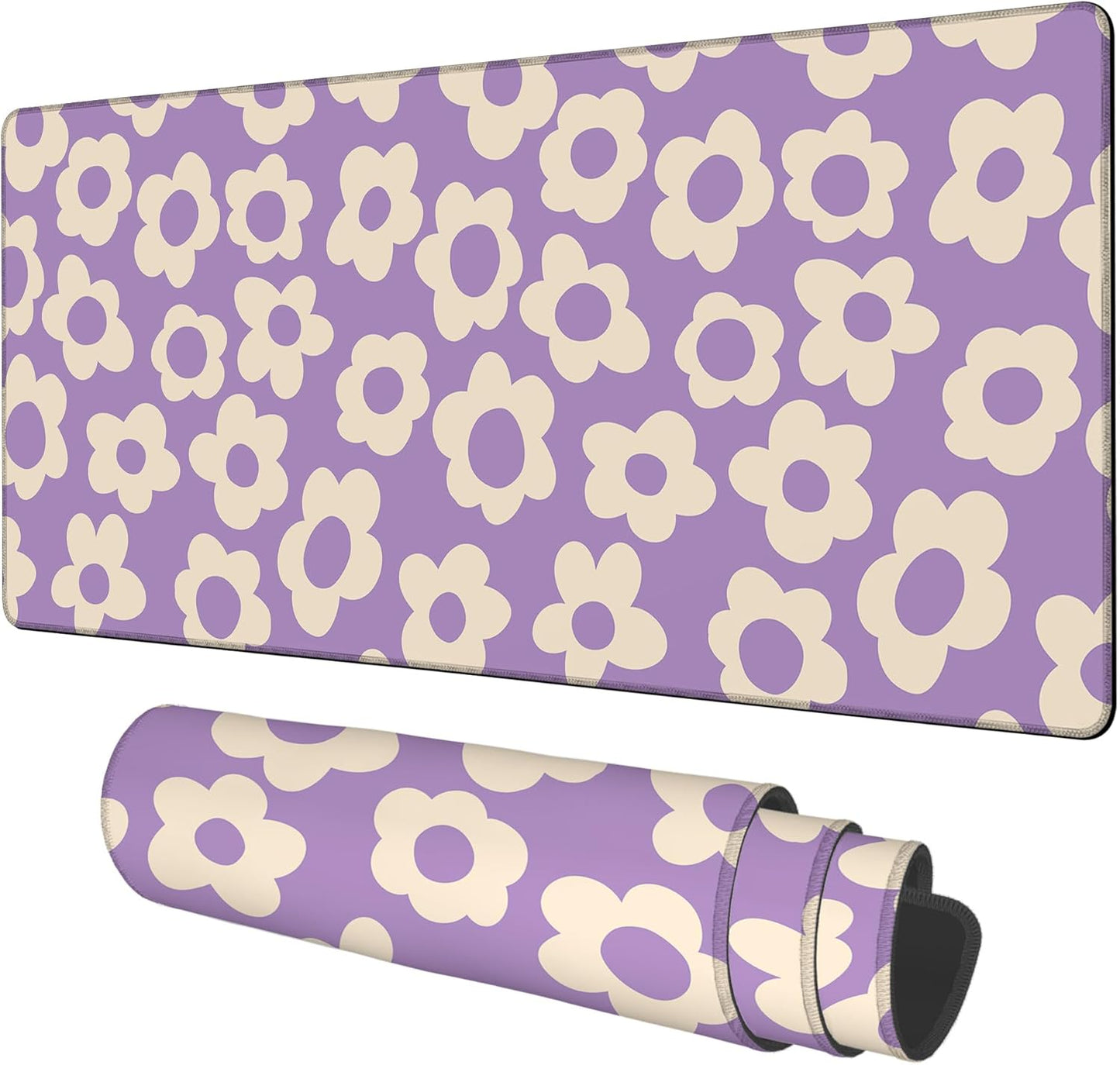 Vintage Groovy Flowers Gaming Mouse Pad 3mm Thick Stitched Edge Waterproof Non-Slip Large Computer Keyboard Mouse Mat,Suitable for Office Entertainment Decorative Desk Pad 35.4 x 15.7 Inches