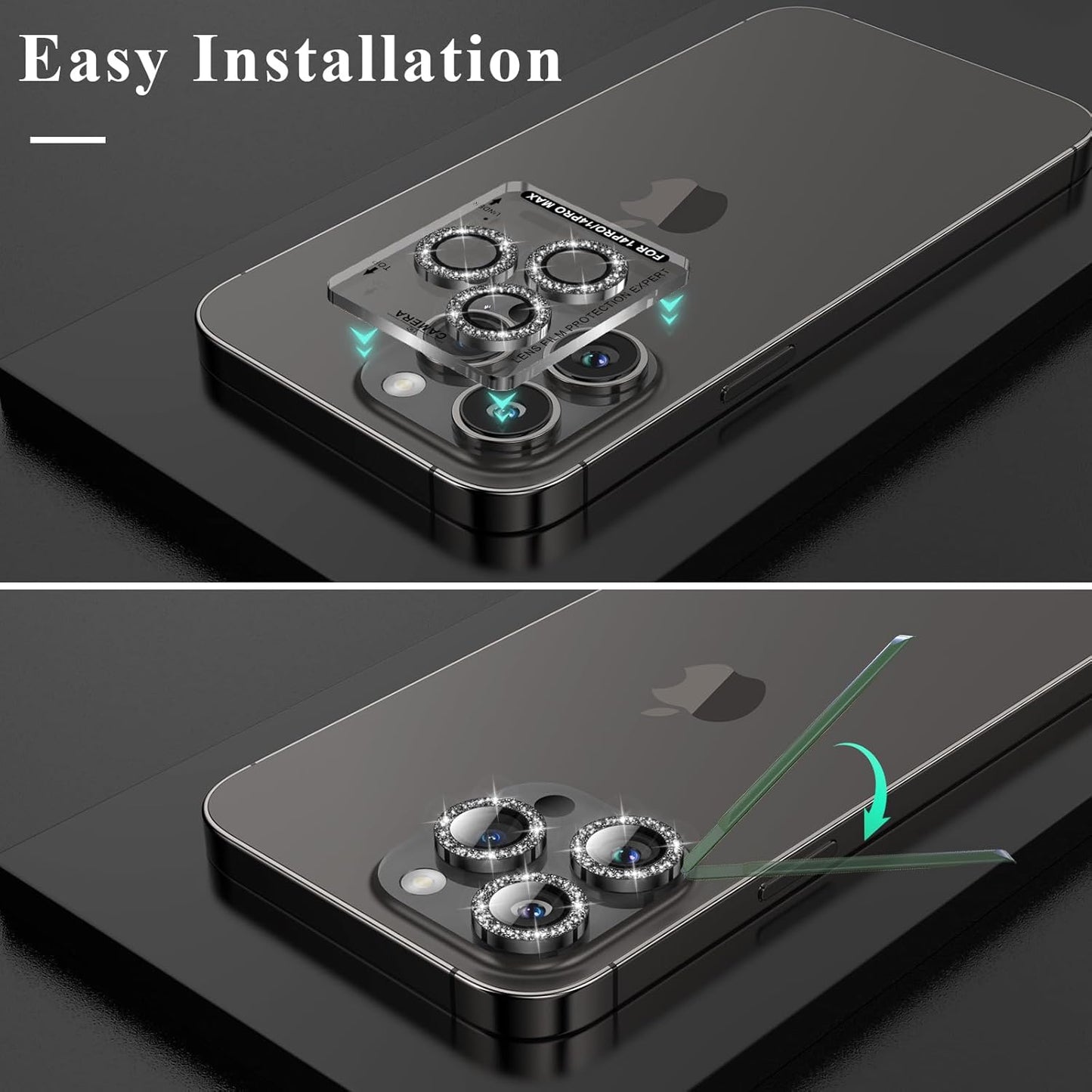 YWXTW Designed for iPhone 14 Pro/iPhone 14 Pro Max Camera Lens Protector Bling, [New Glitter Design] Individual Metal Tempered Glass Camera Cover Accessories Case Friendly, 1 Set (Black Glitter)