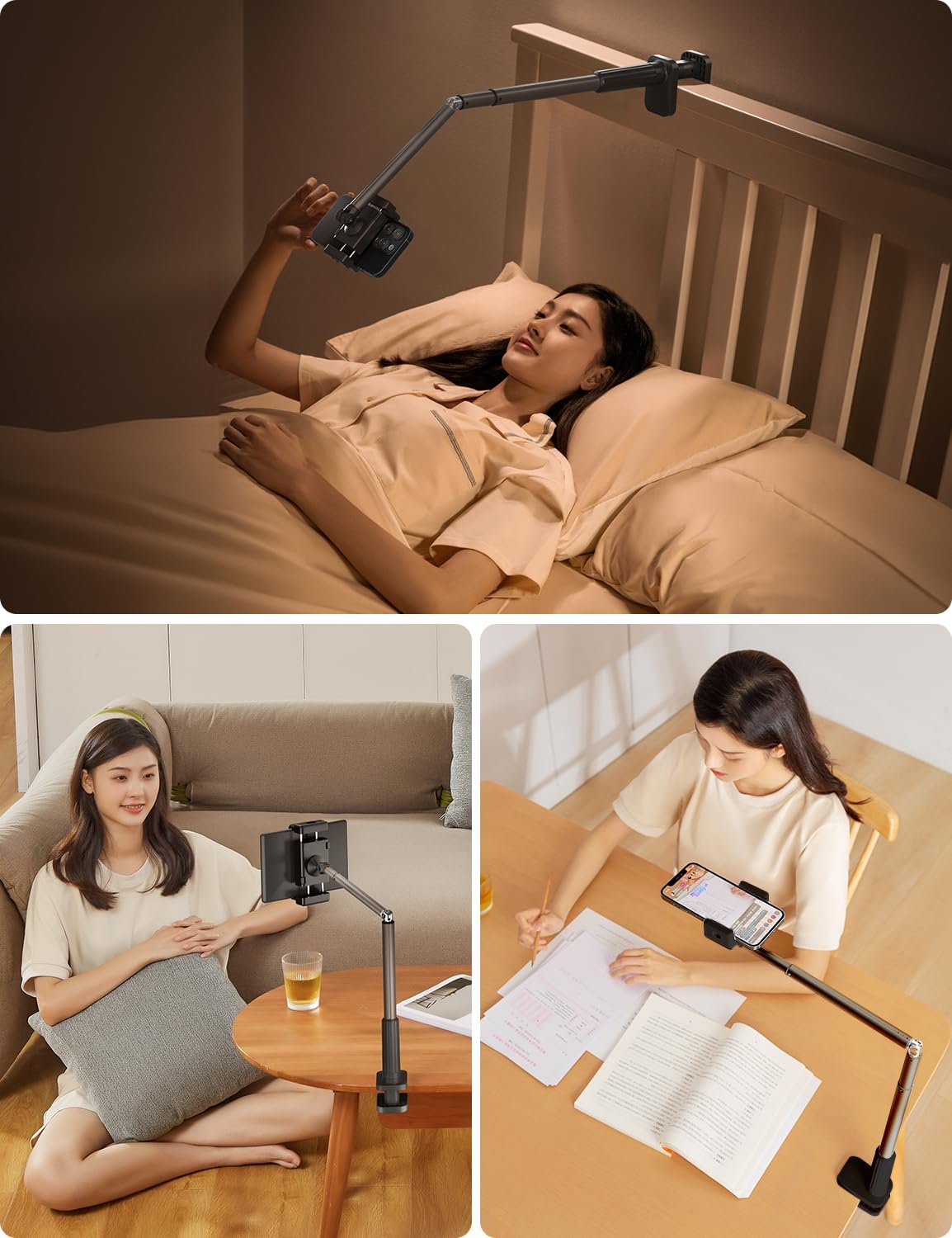 Phone Holder for Bed, 360° Rotation Cell Phone Stand, Flexible Long Arm Headboard Bedside Clip, Multi-Functional Overhead Phone Mount for 3.5-11" Phones, Tablets, Kindle, Black