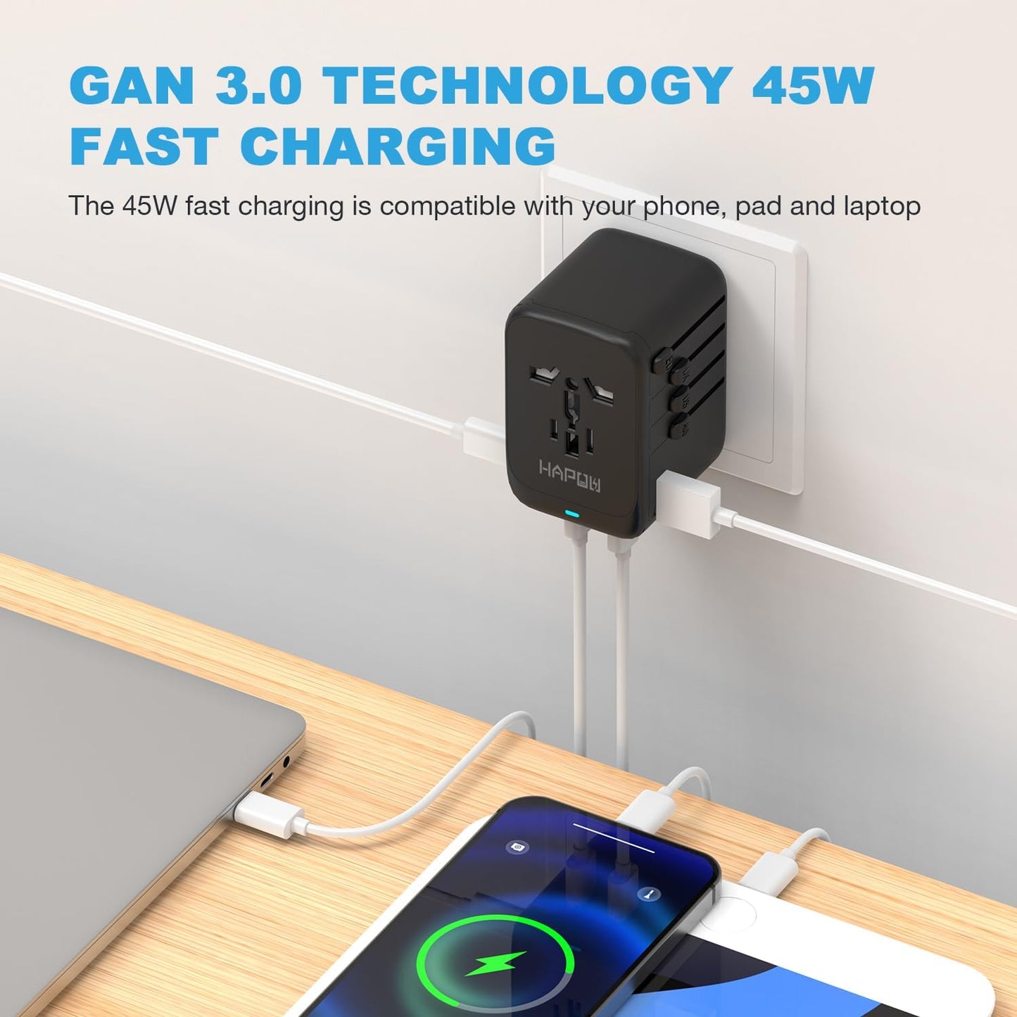 Universal Travel Adapter, GaN 45W International Power Adapter, 3 USB-C & 1 USB-A Fast Charging Travel Charger, All in One Worldwide Travel Plug Adapter, Outlet Adapter for Europe UK USA AU