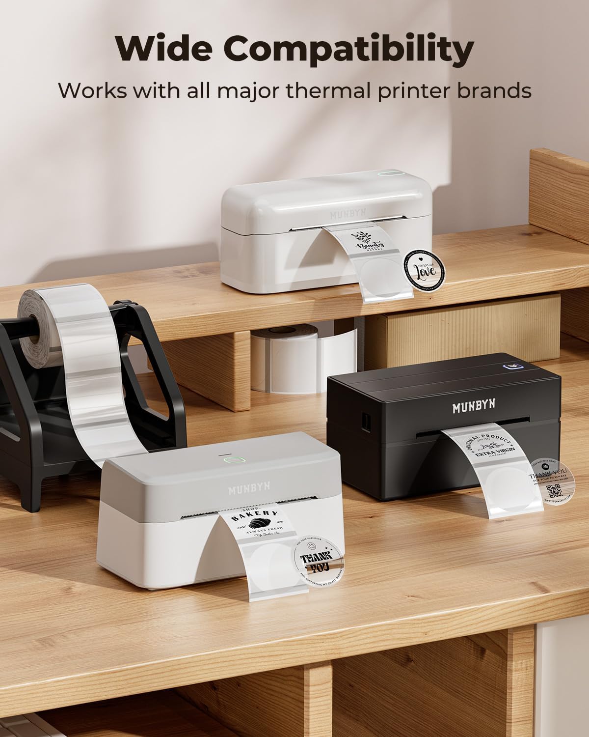 MUNBYN 2 Inch Transparent Round Thermal Label, Self-Adhesive Clear Waterproof Circle Sticker for Logo Design, Multipurpose Direct Thermal Labels, 500 Sheets/1 Roll